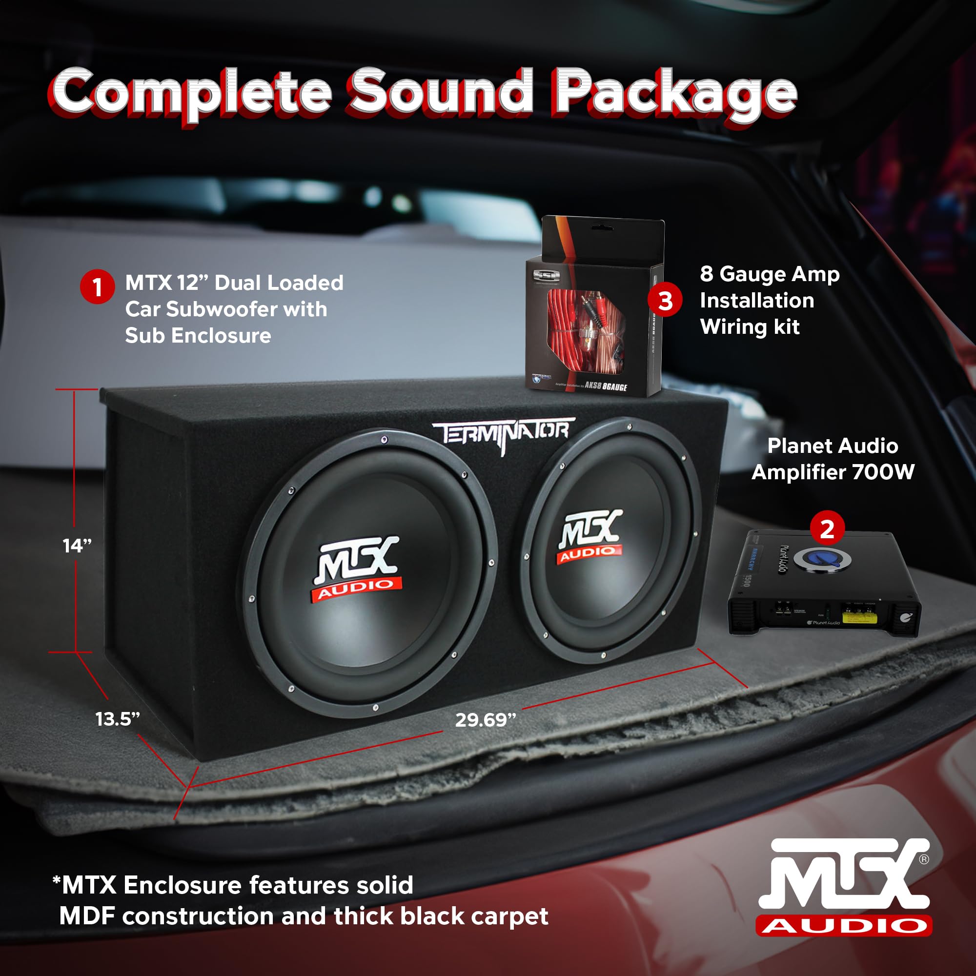 MTX 12 Inch Subwoofer Enclosure, Planet Audio 1500 Watt Amp, and Soundstorm 8GA Wiring Kit