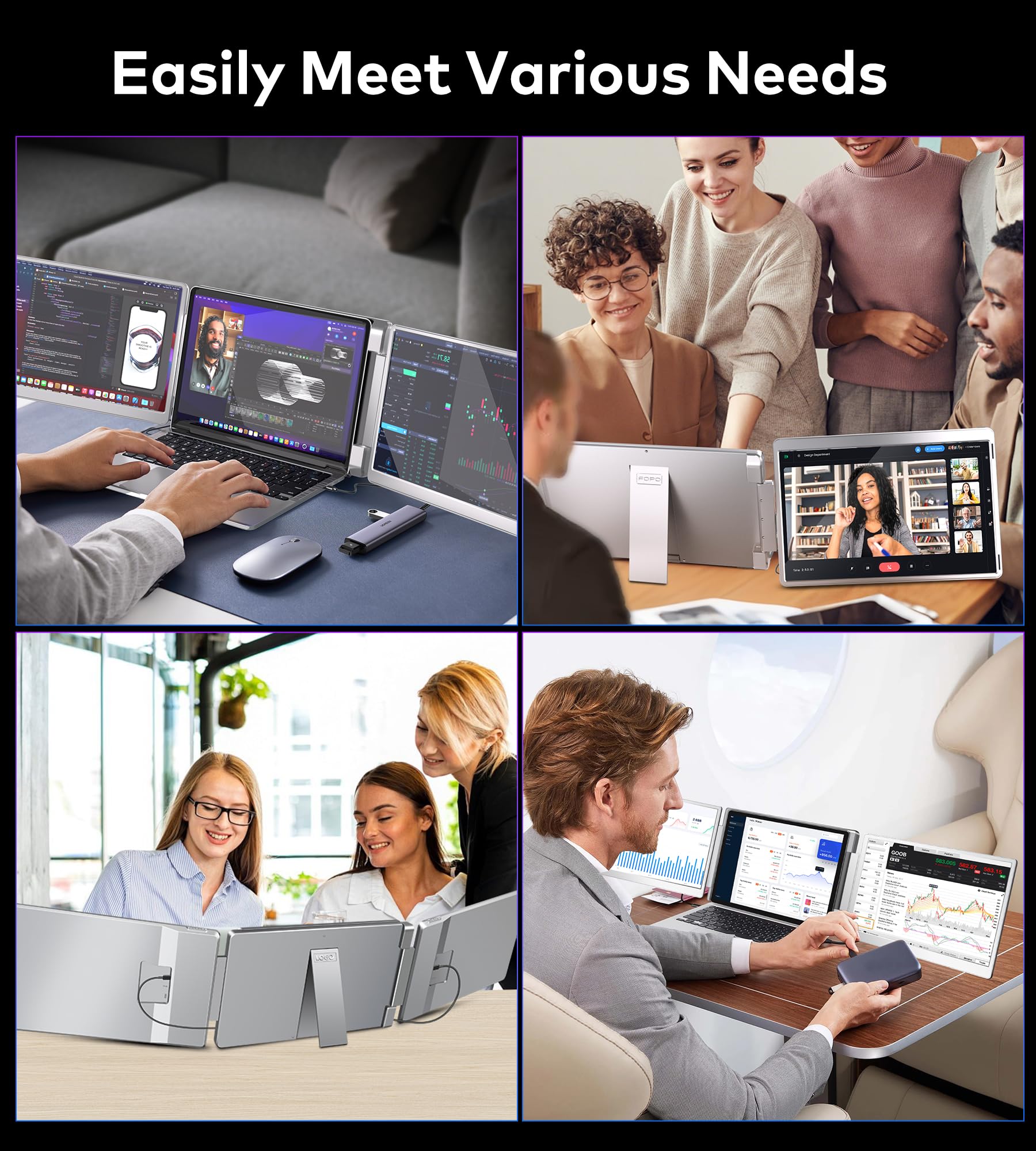 FOPO 14" Triple Monitor Laptop Screen Extender- FHD 1200P 16:10 Laptop Screen Extender, Left Screen 360° Flip Portable Monitor for 12-16.5" Laptops with HDMI/USB-C, Plug & Play - S7