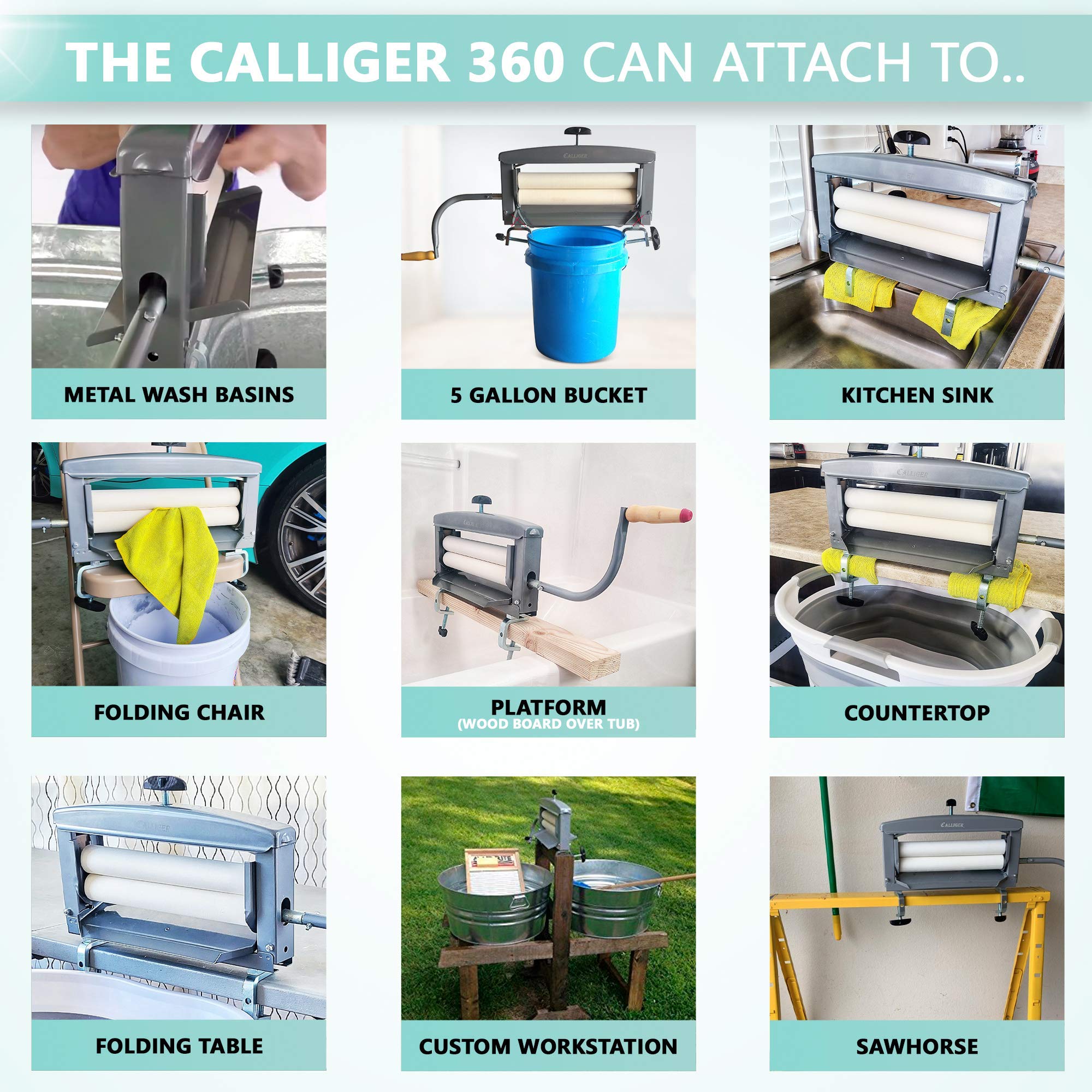 Calliger Clothes Wringer - Better Moisture Removal than Portable Washing Machine/Portable Dryer - Heavy Duty Off Grid Perfect Towel/Laundry Wringer for Chamois Cloth, Tile Sponge, etc.