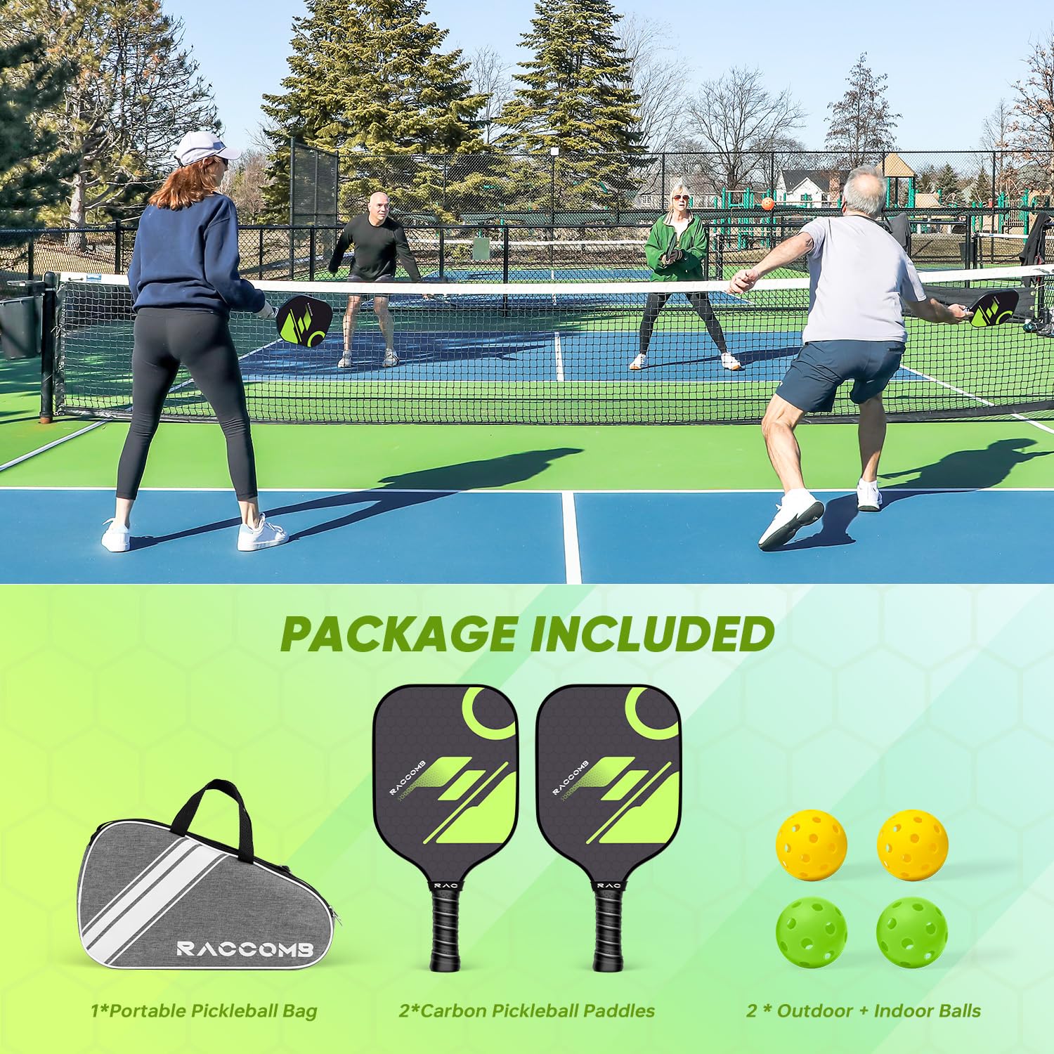 Carbon Fiber Pickleball Paddles - Graphite Pickleball Paddles Set of 2, Polymer Honeycomb Core, 4 Pickleballs, Anti-Slip Sweat-Absorbing Grip, Professioner Paddle Ball Set for Pickleball Players