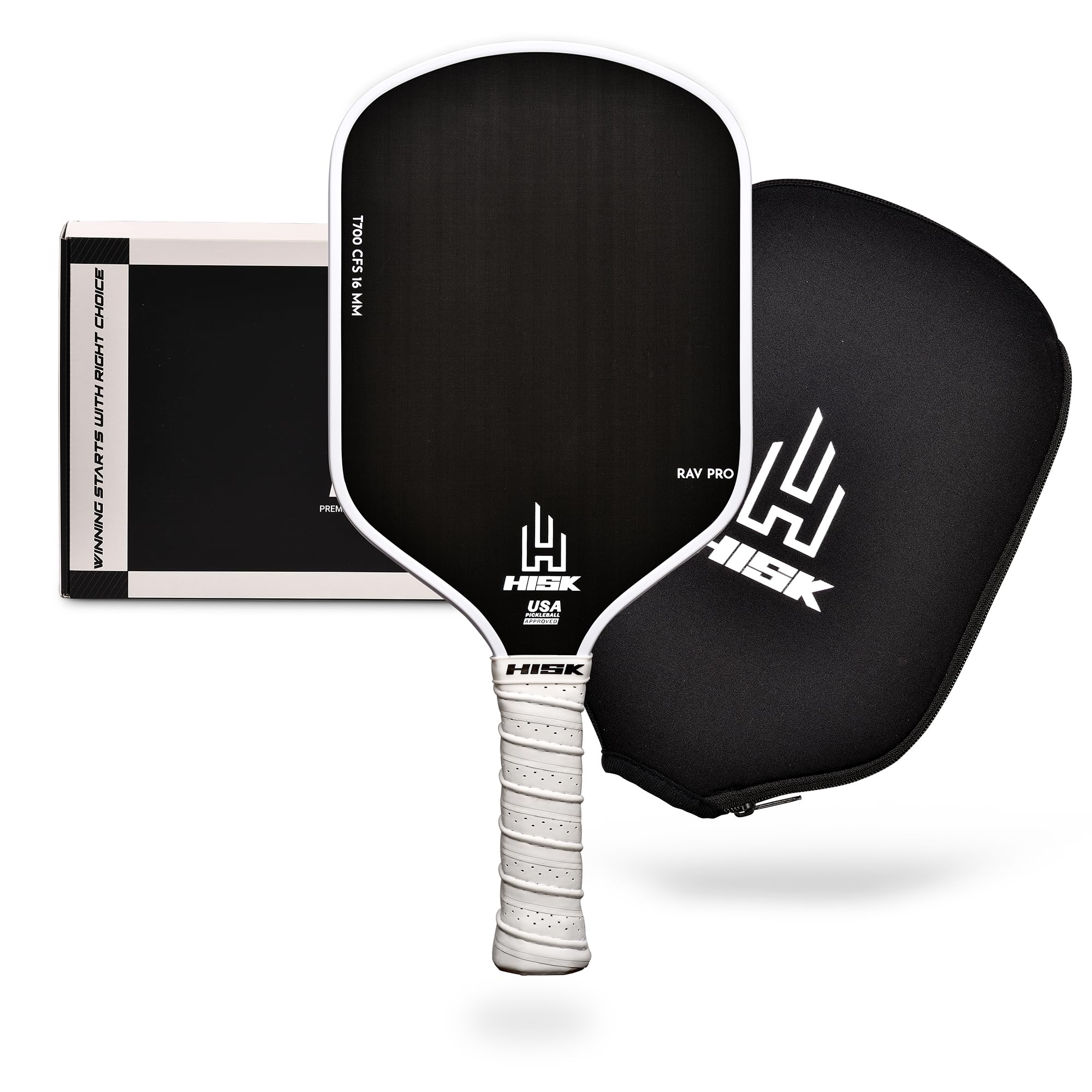 HISK RAV PRO Pickleball Paddle - Ultimate HIGH END 16mm Japanese Toray T700 Raw Carbon Fiber CFS w/Excellent GRIT Roughness Texture, Aero Dynamic Curve, USAPA Approved, Non Slip Grip
