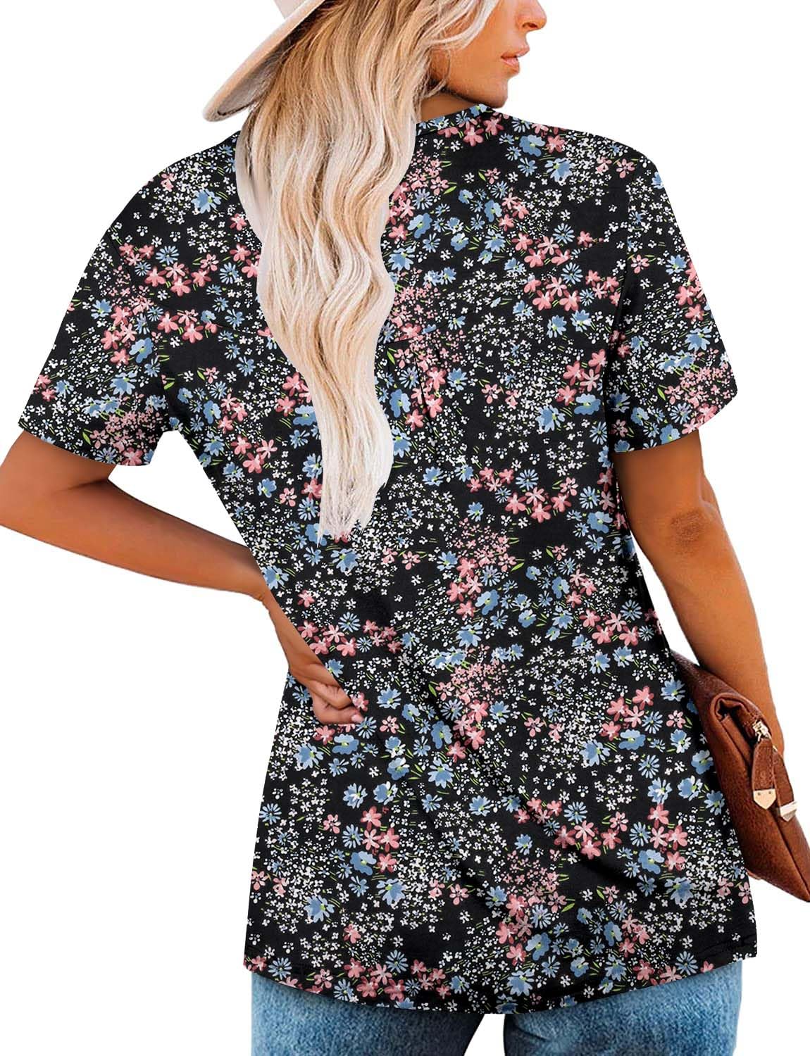 ROSELINLIN Boho Tops for Women Floral Short Sleeve Loose Fit Tunic Tops for Ladies Trendy Floret M