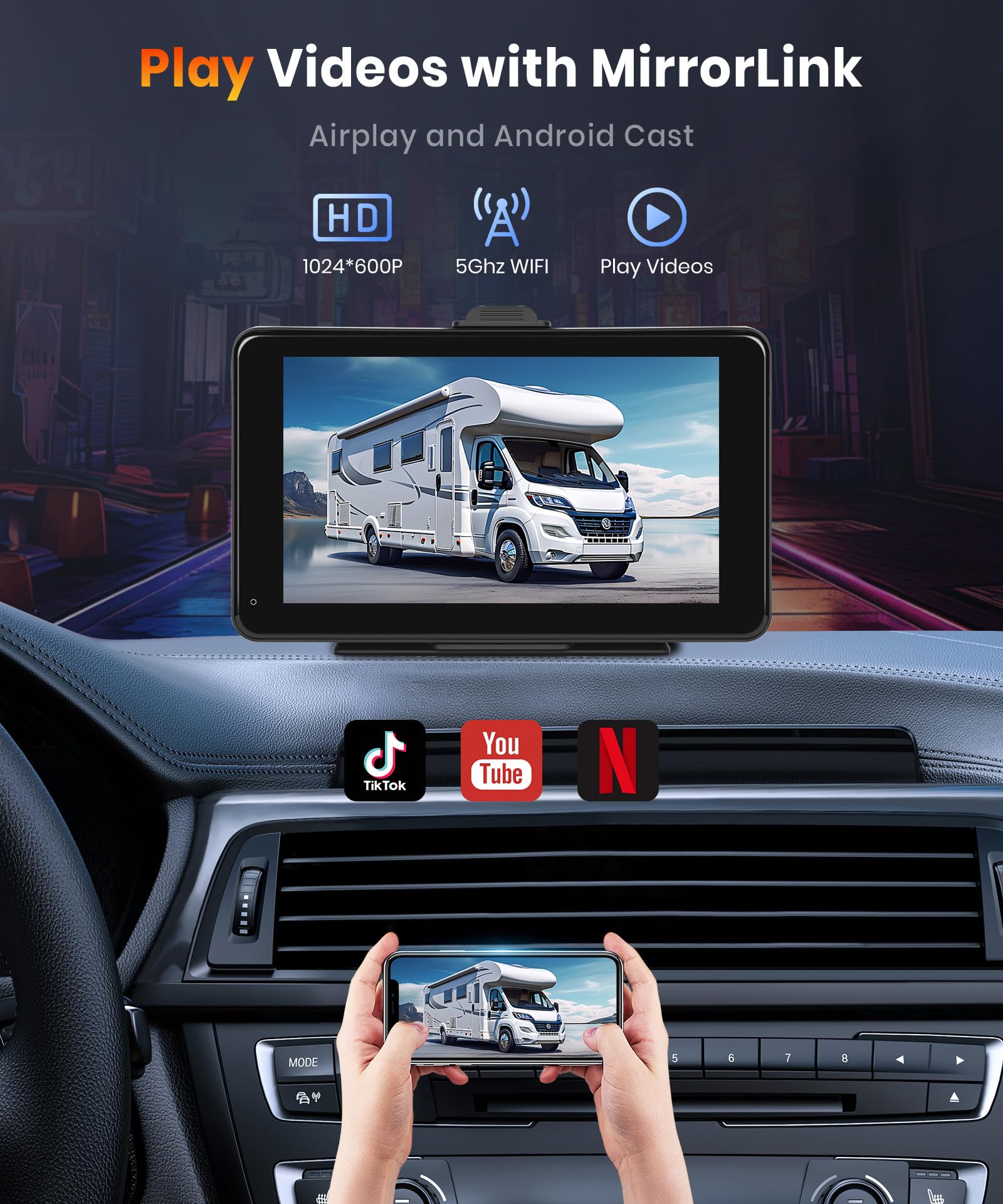 Portable Wireless CarPlay Screen for Car,7inch 1080P HD IPS Touchscreen Car Stereo with Wireless Android Auto,Portable Car Radio Support HD Backup Camera,Mirror Link,Bluetooth,FM,GPS,Voice Control,AUX