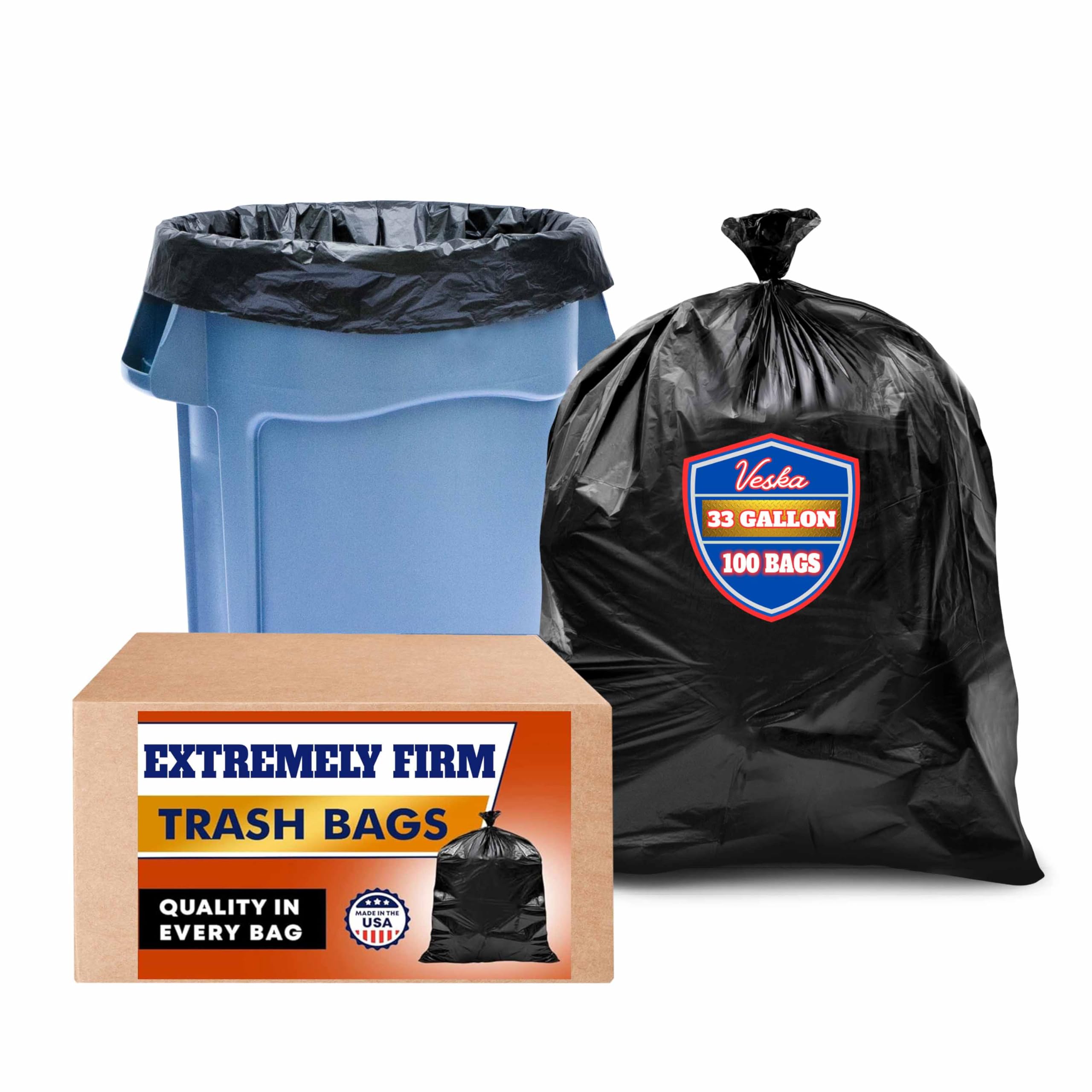 Veska 33 Gallon Trash Bags, (Huge 100 Bags w/Ties) Large Black Garbage Bags 30 Gallon, 32 Gallon, 35 Gallon Trash Can Liners
