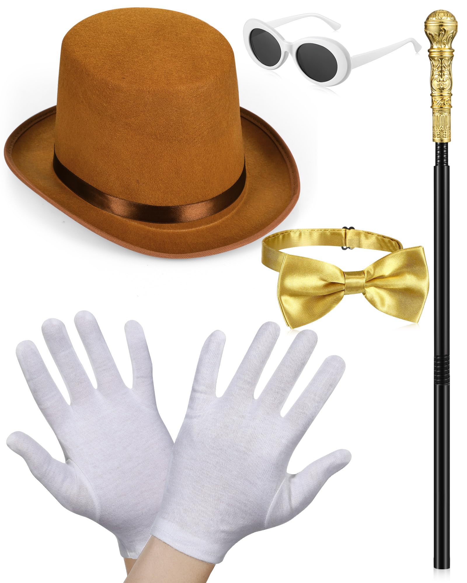 Ramede 5 Pcs Brown Top Hat Costume Set Includes Brown Top Hat Walking Scepter Oval Retro Sunglasses Bow Tie Uniform Gloves Costume Halloween Costumes Accessories for Parade Cosplay Dance Recitals
