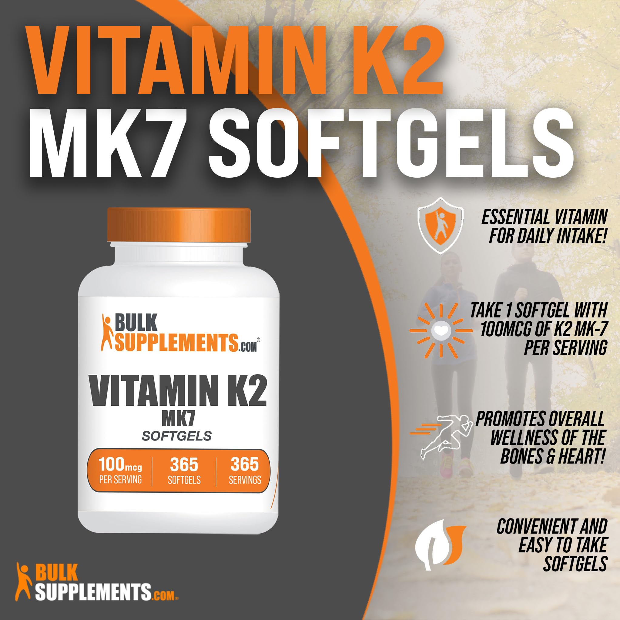 BulkSupplements.com Vitamin K2 Softgels - Vitamin K2 MK7, Vitamin K2 Supplement, Vitamin K2 100 mcg - MK7 Vitamin K2 for Bones, Gluten Free - 1 Softgel per Serving, 365 Softgels