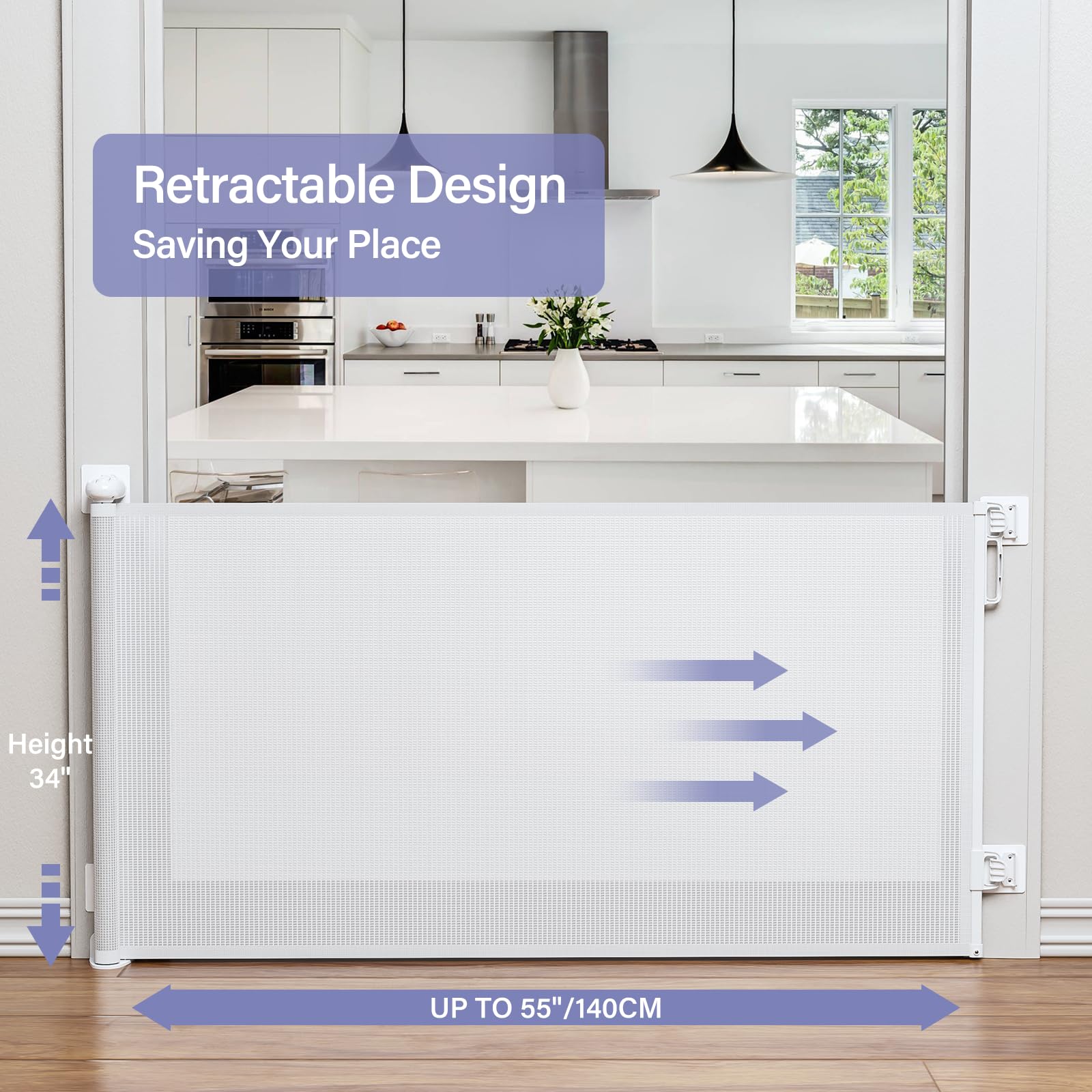 Retractable Baby Gates No Drilling, PRObebi Retractable Dog Gate for The House Extends to 55" Wide 34" Tall, Gates for Baby Indoor, Stair Gate for Outdoor, Staris, Hallways, Doorways, Deck, Porch