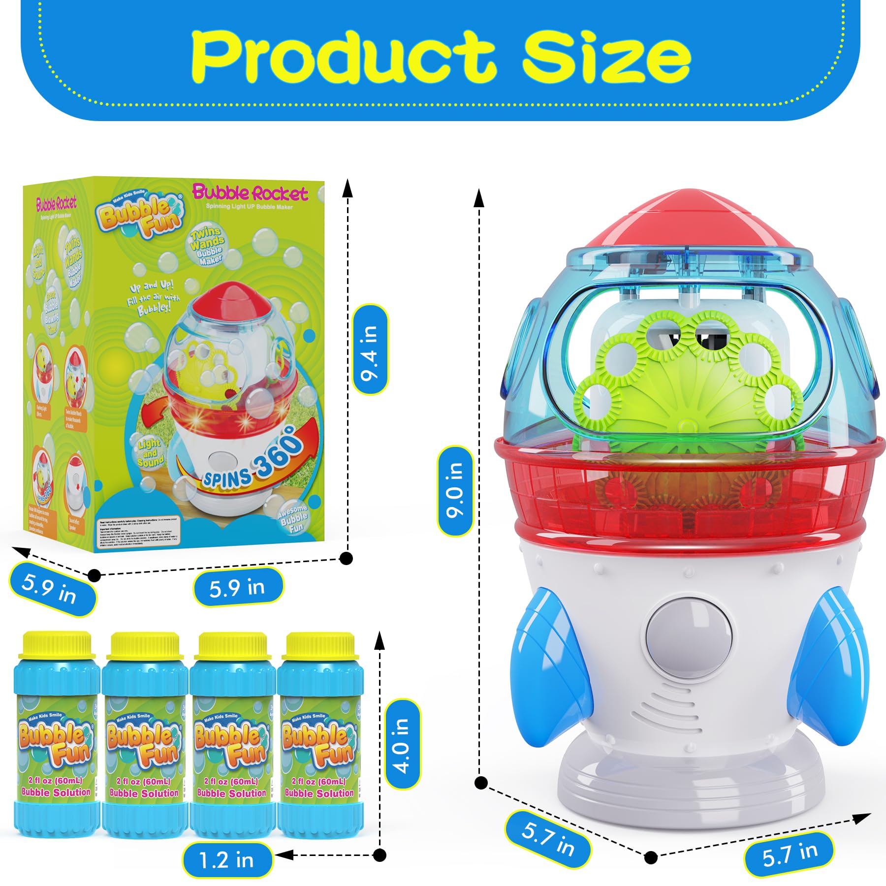 Bubble Machine, Automatic 360° Rotatable Rocket Bubble Blower Machine with 2 Fans Lights Music for Kids Toddlers 1-3 Bubble Maker Machine for Indoor Outdoor Wedding Party Birthday Gifts