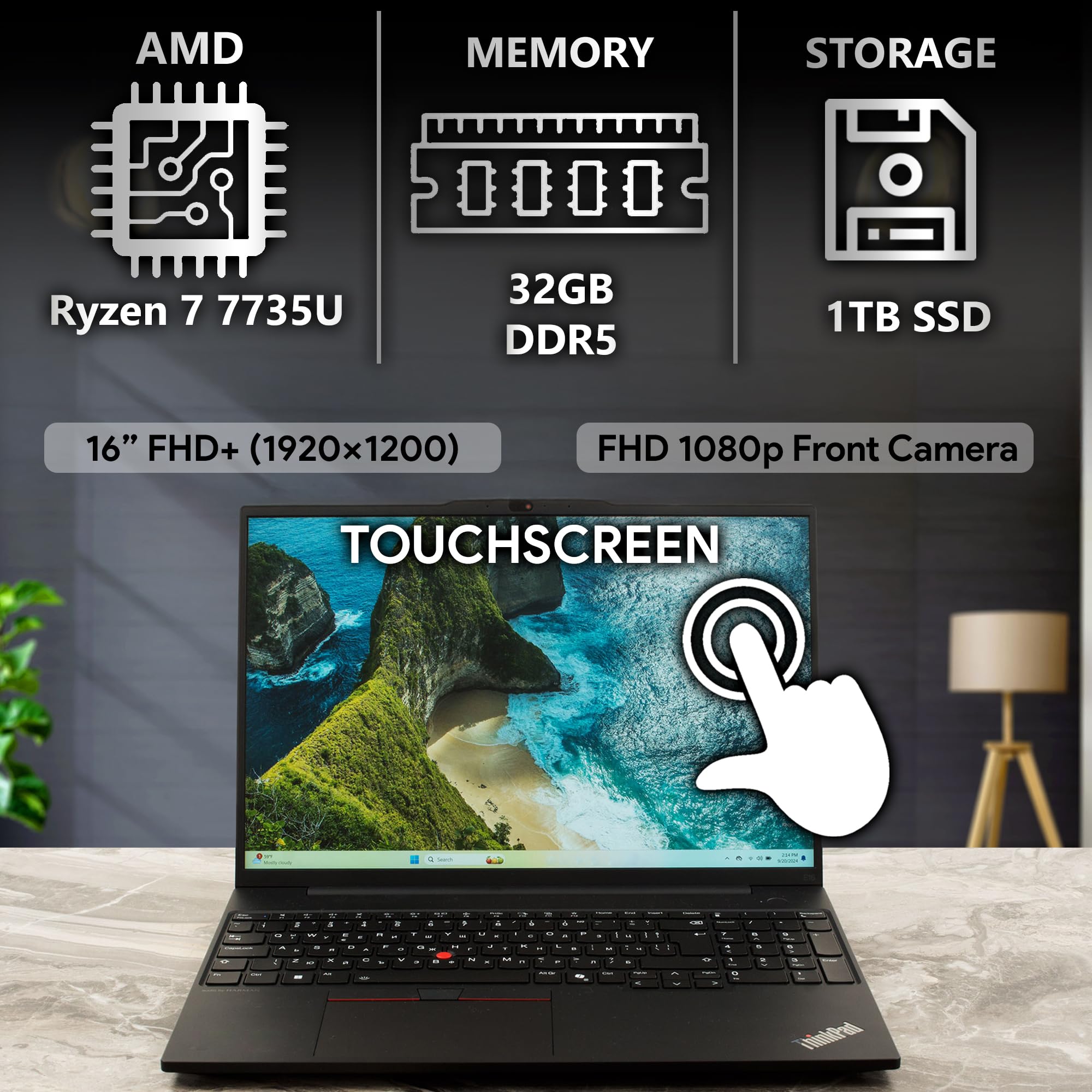 Lenovo ThinkPad E16 Gen 2, 16” Touchscreen IPS Display, AMD Ryzen 7 7735U (Beat Ultra 7 268V), 32GB DDR5, 1TB PCIe SSD, FP, Backlit KB, WiFi 6E + BT, RJ-45, FHD Webcam, W11P, Business Laptop