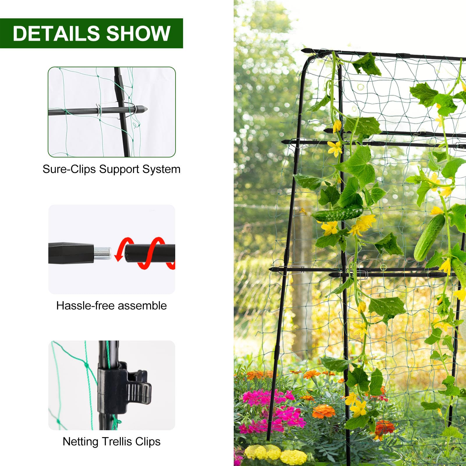 Garden Trellis for Climbing Plants Outdoor | Metal Plant Support for Outdoor Vegetables/Fruits/Flowers Vines | Large Garden Arch Cucumber Trellis with Nylon Garden Netting, 63" Hx 63" L, Black