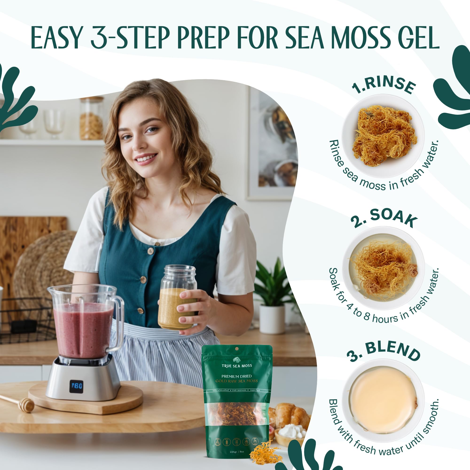 TrueSeaMoss Sea Moss Raw Gold - Organic Wildcrafted Irish Sea Moss for Digestion and Skin Health - Makes 200 oz of Gel - Sundried 16oz