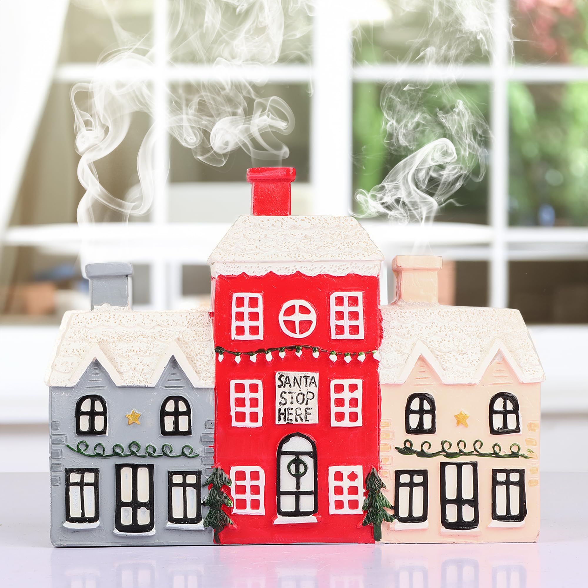 REAWOW Christmas Cabin Incense Burner Gingerbread House Incense Burner Village Incense Cone Holder Log Cabin Incense Burner for Holiday Decor Home Indoor Chimney