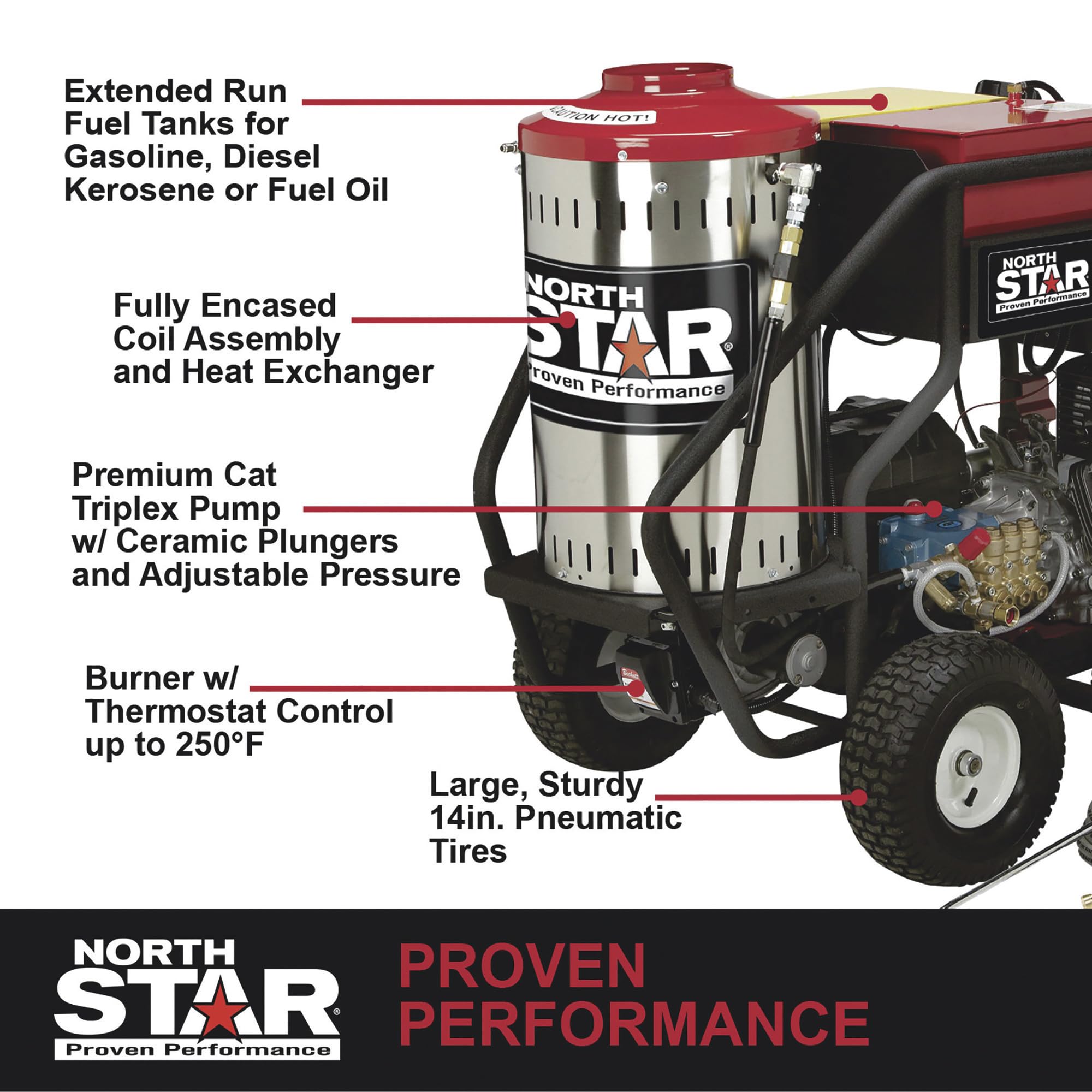 North Star Hot Water & Wet Steam Pressure Washer with Power Nozzles, Lance, Washing Gun, and Hose - Gas Powered, 3000 PSI, 4 GPM, Electric Start Honda Engine
