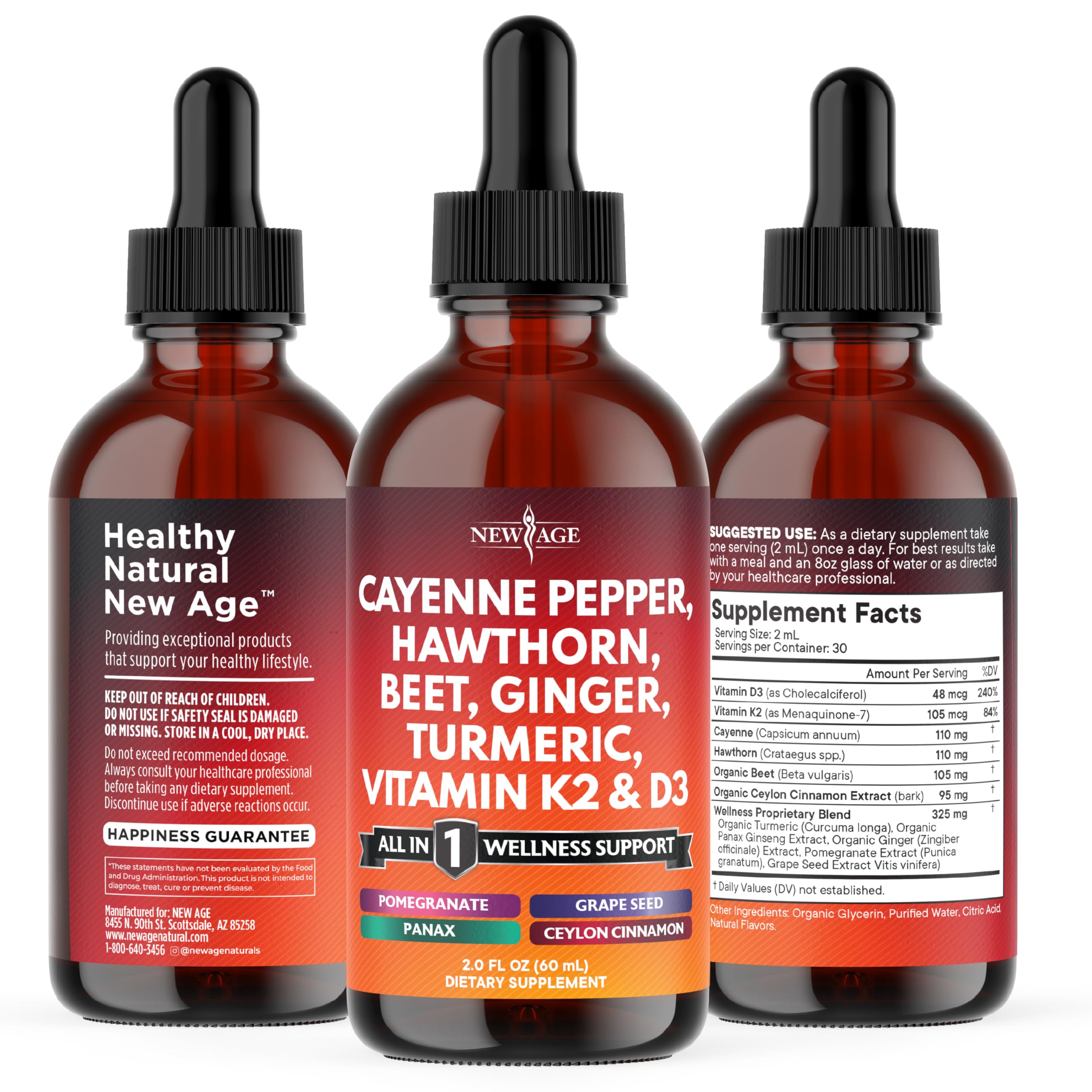 Cayenne Pepper Supplement Liquid Drops + Hawthorn Berry, Vitamin D3 K2 Beet Root Powder, Ceylon Cinnamon, Turmeric Curcumin, Organic Panax Ginseng - 4oz
