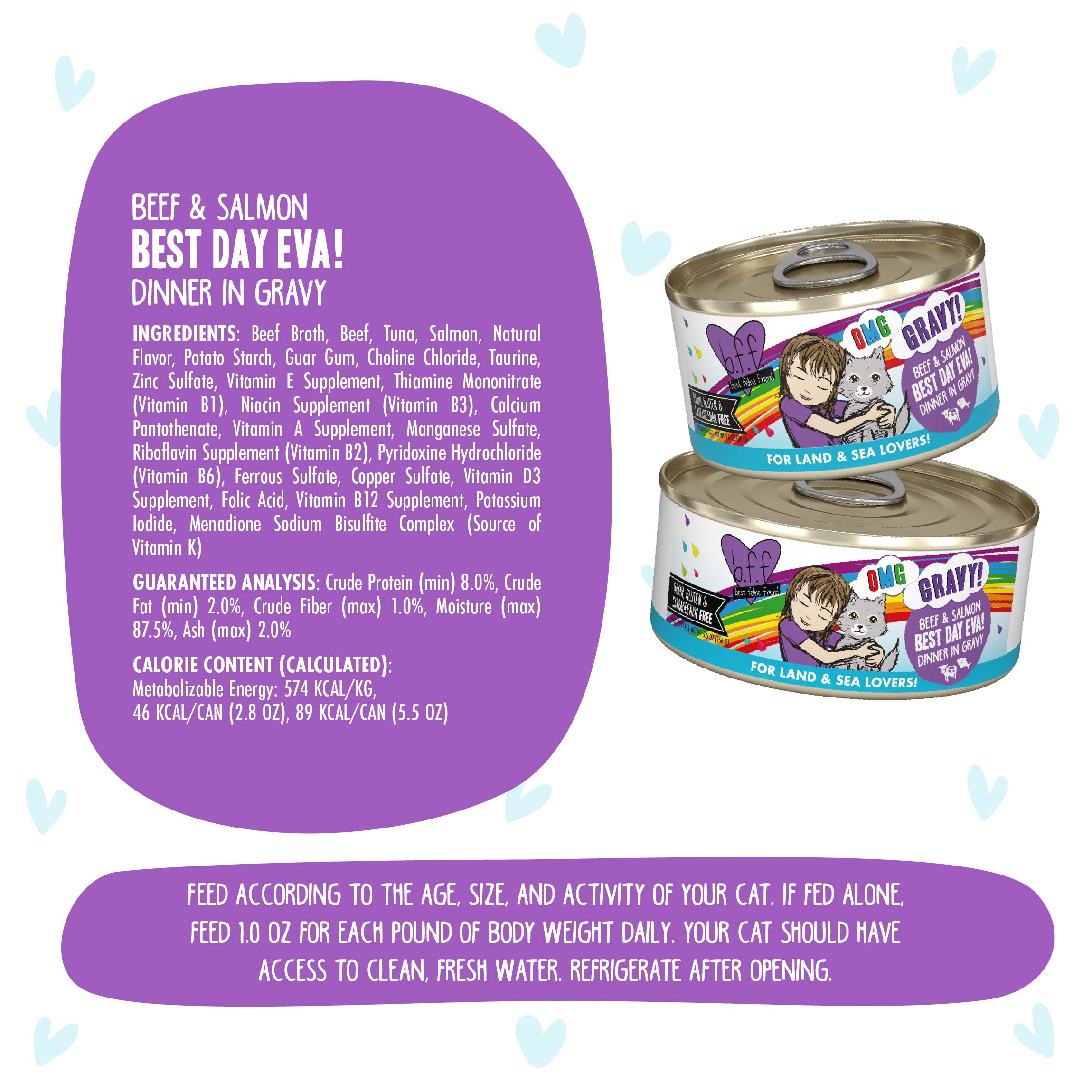 Weruva B.F.F. OMG - Best Feline Friend Oh My Gravy!, Best Day Eva! with Beef & Salmon in Gravy Cat Food, 2.8oz Can (Pack of 12)