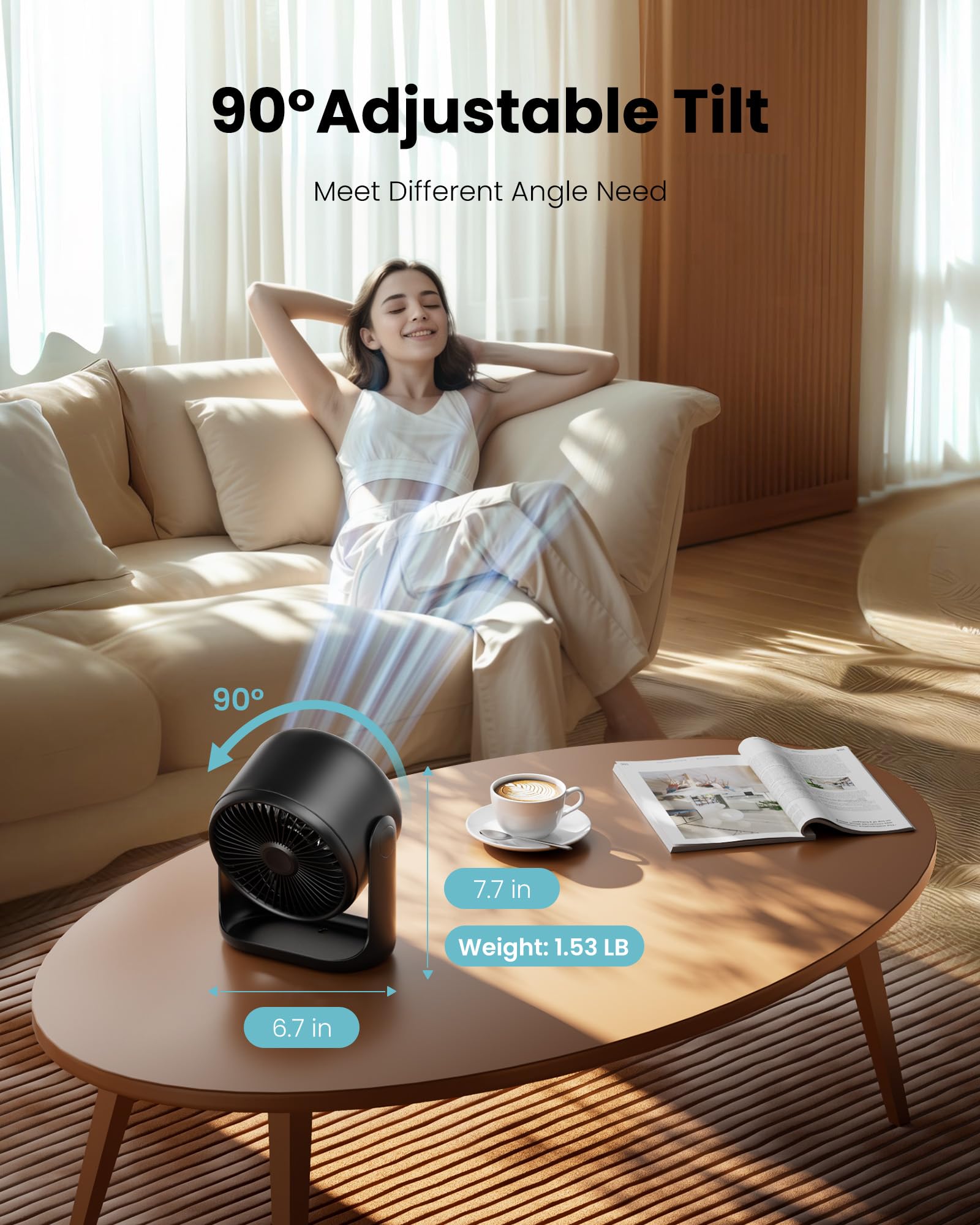 Gaiatop Desk Fan with Touch Control, 4000mAh Battery, 5 Speeds Ultra Quiet Bedroom Fan with LED Display, 90° Tilt, 7.7 Inch USB-C Rechargeable Desktop Fan for Dorm Office Room Home Office, Black