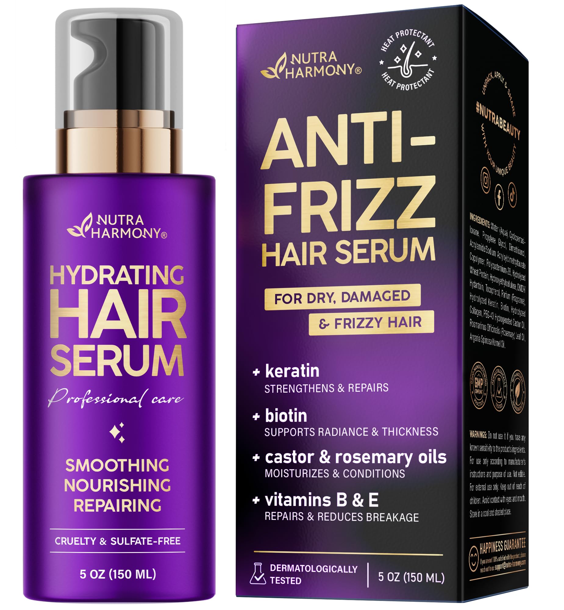 NUTRAHARMONY Hydrating Hair Serum – Keratin Hair Treatment for Dry, Frizzy, Damaged Hair – Biotin, Castor & Rosemary Oils – Anti‑Frizz, Heat Protectant & Split Ends Repair for Smooth, Shiny Hair, 5oz