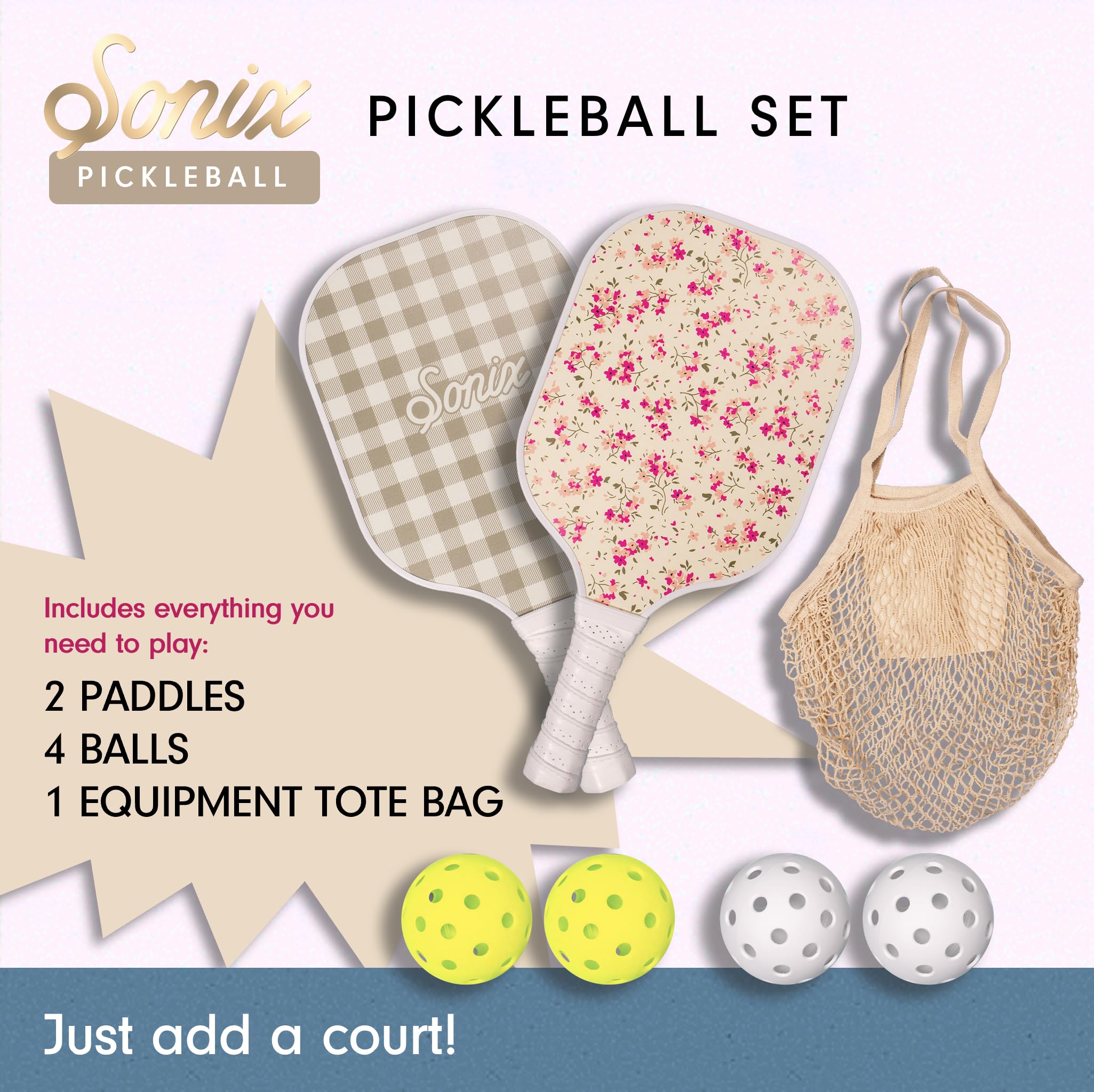 Sonix | Pickleball Paddles Set of 2 | Fiberglass Surface Pickleball Set with 2 Rackets, 4 Balls, & 1 Net Carrying Bag | Cottage Floral