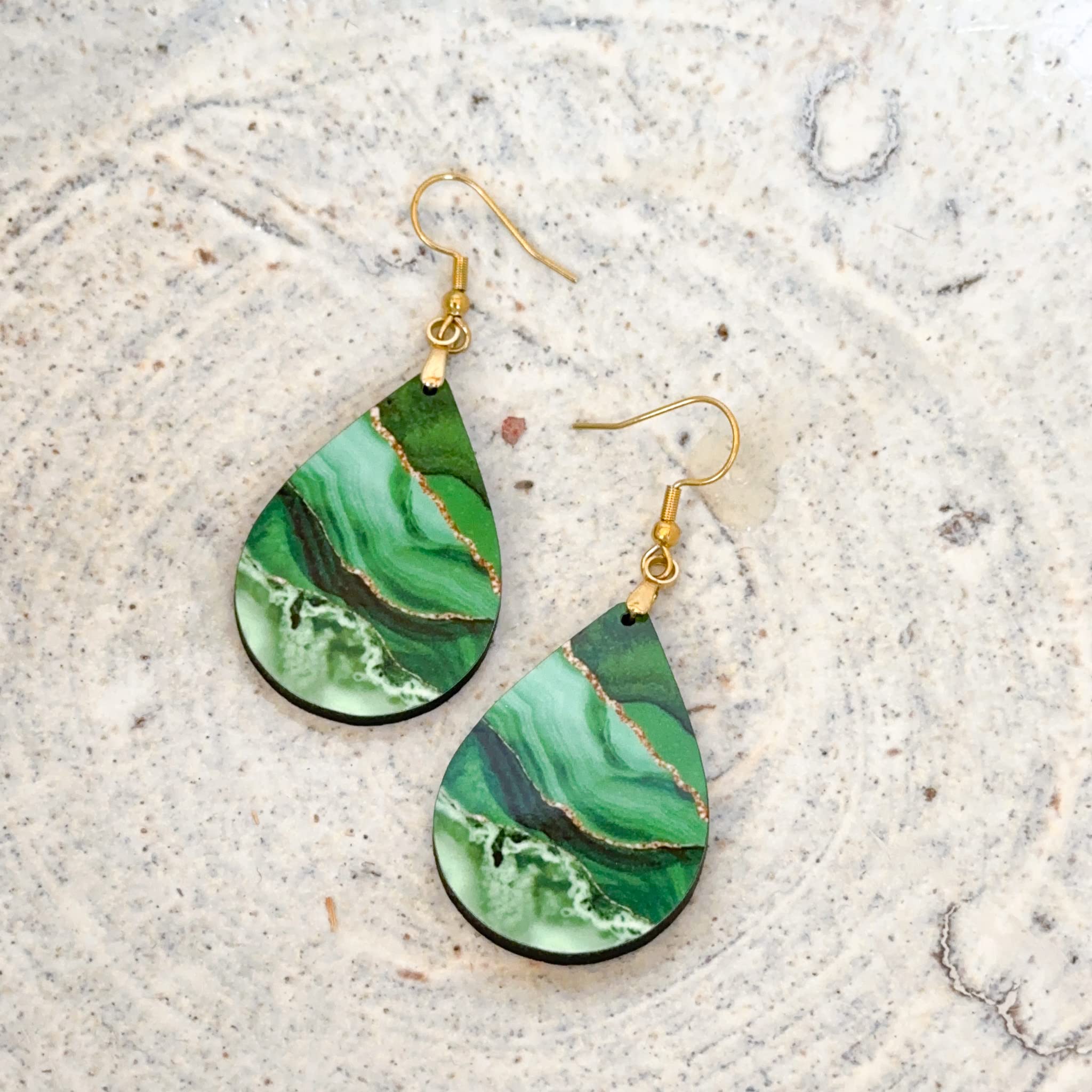 Green Earrings for Women with Gold Strands Teardrop Dangle Spring Dangling Wood Statement Jewelry MDF Kelly Lime Handmade by The Painted Pug (Large Single Pair)