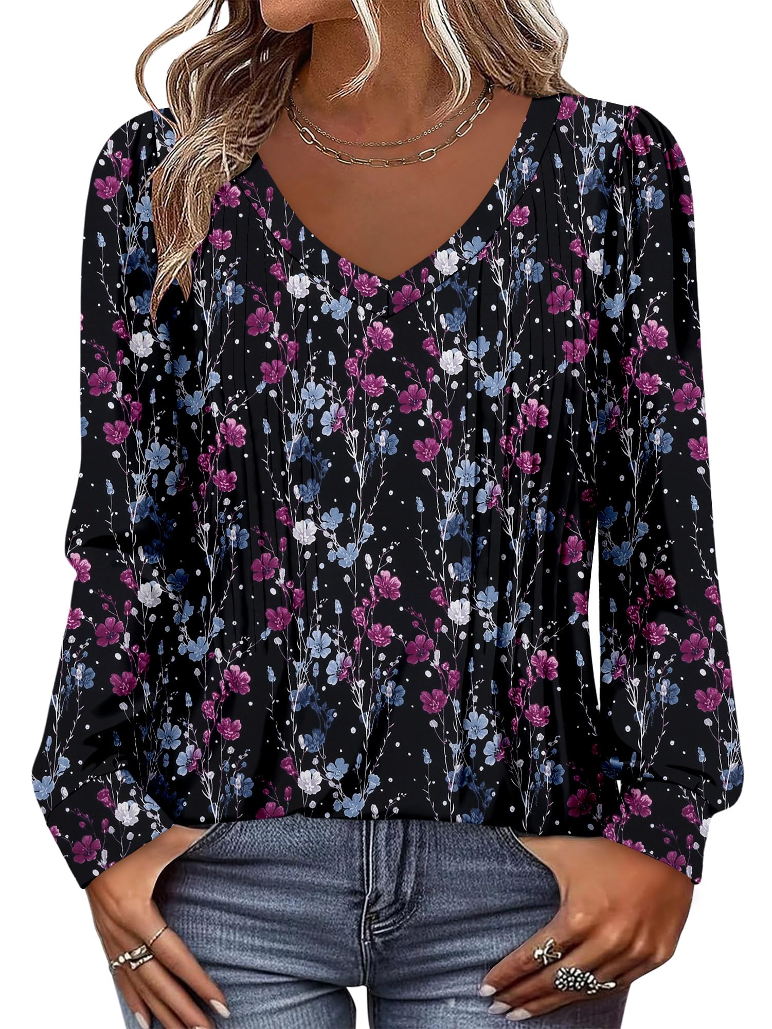 BETTE BOUTIK Womens Blouse Boho Long Sleeve Business Casual Shirt Fall Trendy Winter Loose Cute V Neck Flowy Tunic Tosp Plus Size Floral Pleated Tees Plum Black 3X