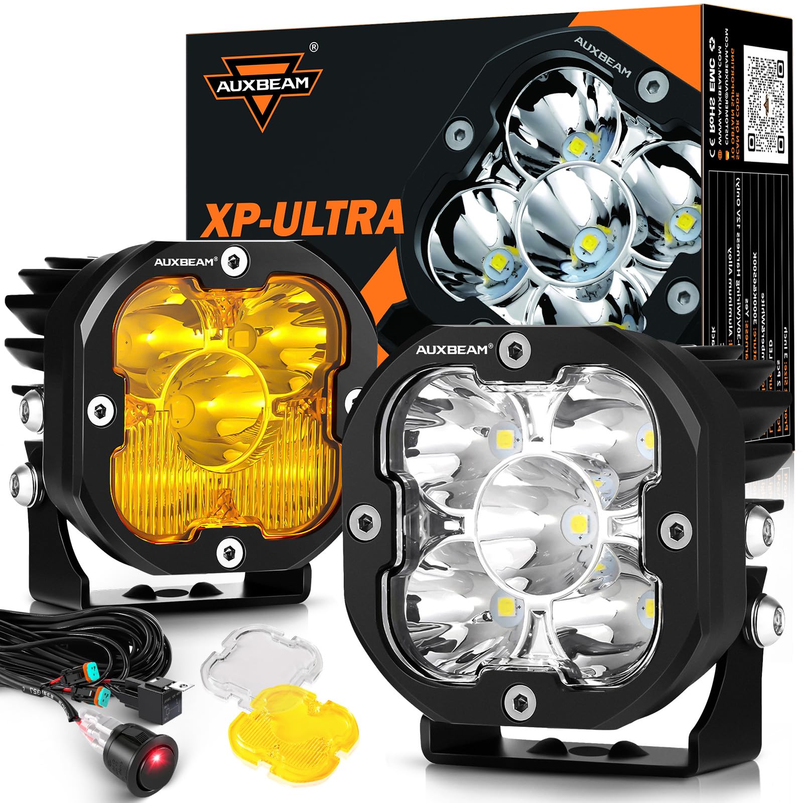 Auxbeam XP-Ultra Series 3" 80W Cube LED Pods White Spot Beam & Amber Combo Beam Replaceable Light Covers 9600LM Yellow Offroad Ditch Lights Driving Light Bar, Pair