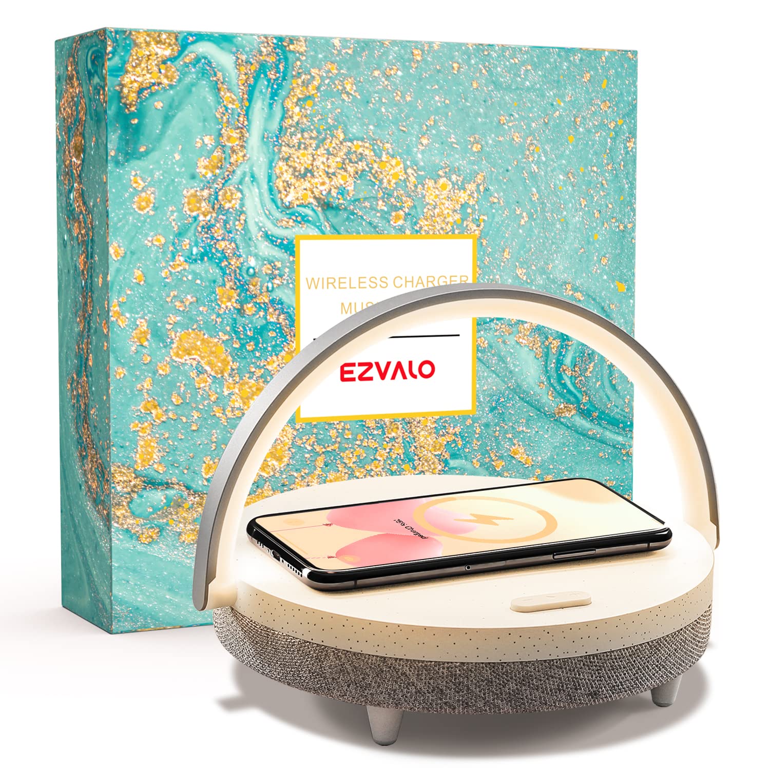 EZVALO Gift for Her, Music Table Lamp with Wireless Charger, 4 in 1 Touch Bedside Lamp, Portable Bluetooth Speaker, Phone Holder, Dimmable LED Night Light Birthday Gifts for Women, Men, Dad, Mom