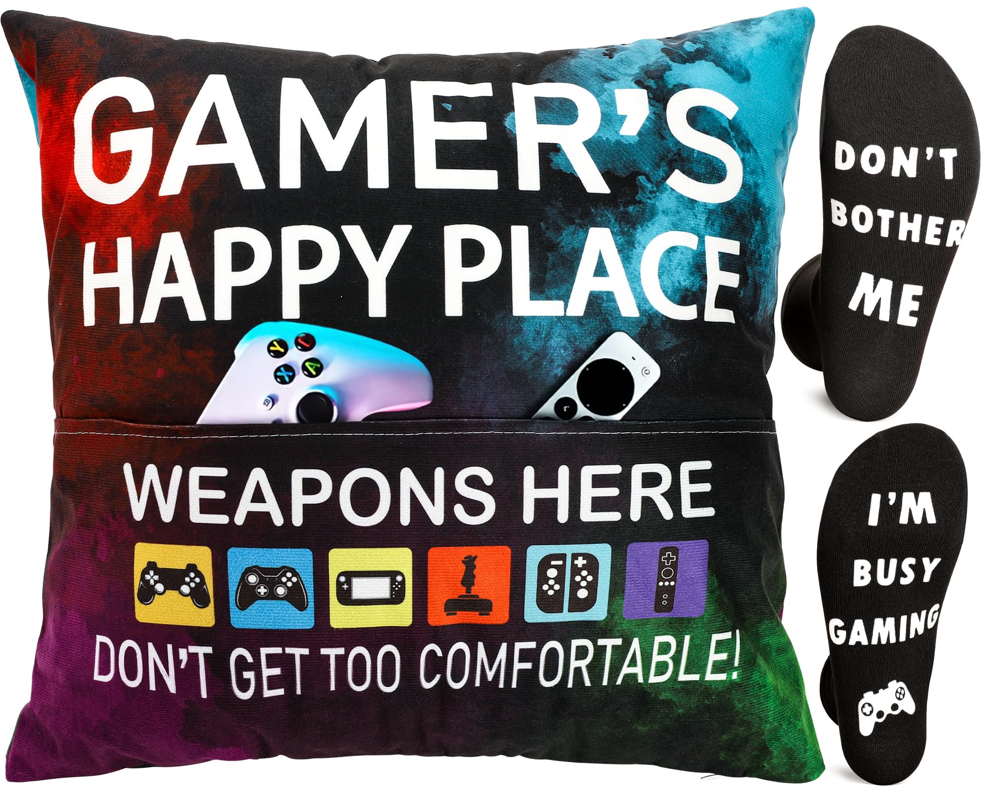 OCCdesign Gamer Gifts for Teenage Boys Men, Gaming Room Decoration, Gamer Pillow Cover and Game Socks Gifts Set, Christmas Stocking Stuffers for Teens Boys Girls Men Father Boyfriends 18" x 18"