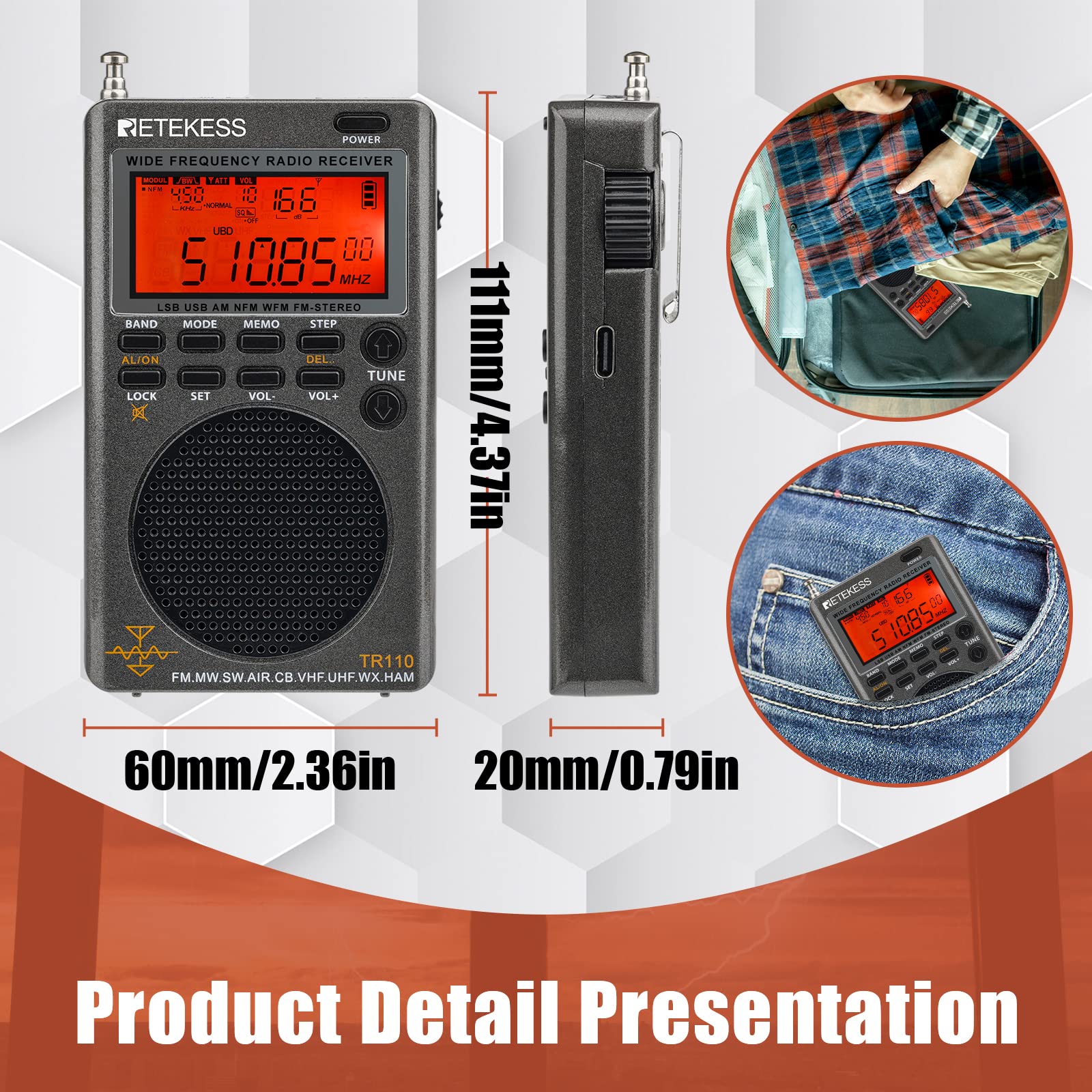 Retekess TR110 Portable SSB Shortwave Radio, Airband Radio Receiver, Full Band Radio MW FM SW Air CB with NOAA Alert, FM Stereo, Clock, Sleep Timer