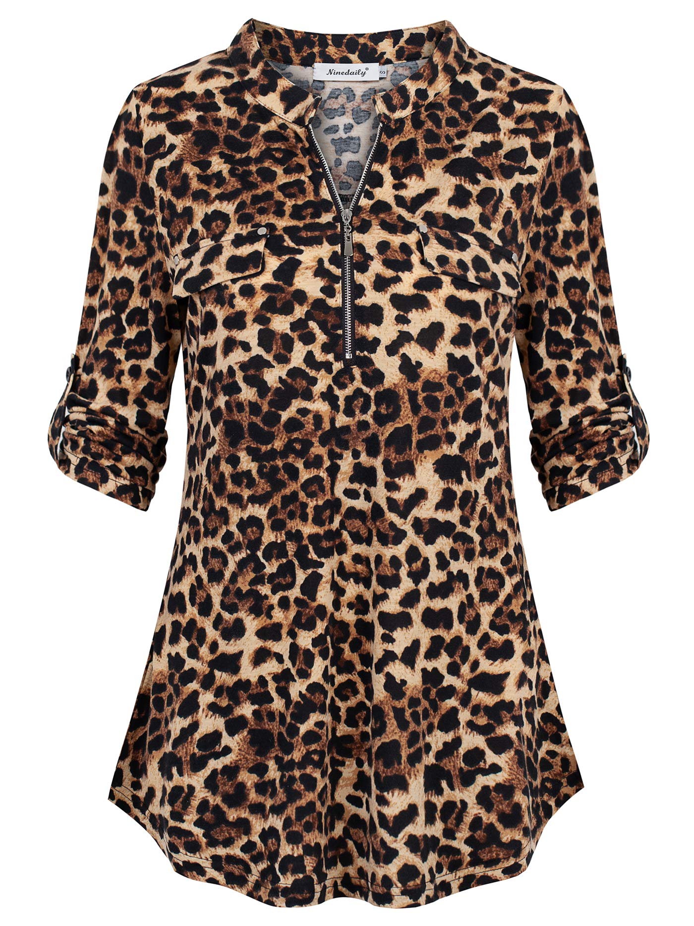 Ninedaily Leopard Print Tops for Women Short Sleeve, Summer Tops for Women 2024 Tunic Shirts Zip-up Plaid Tops Casual Tunic Blouse,Leopard Print Tops Size XL