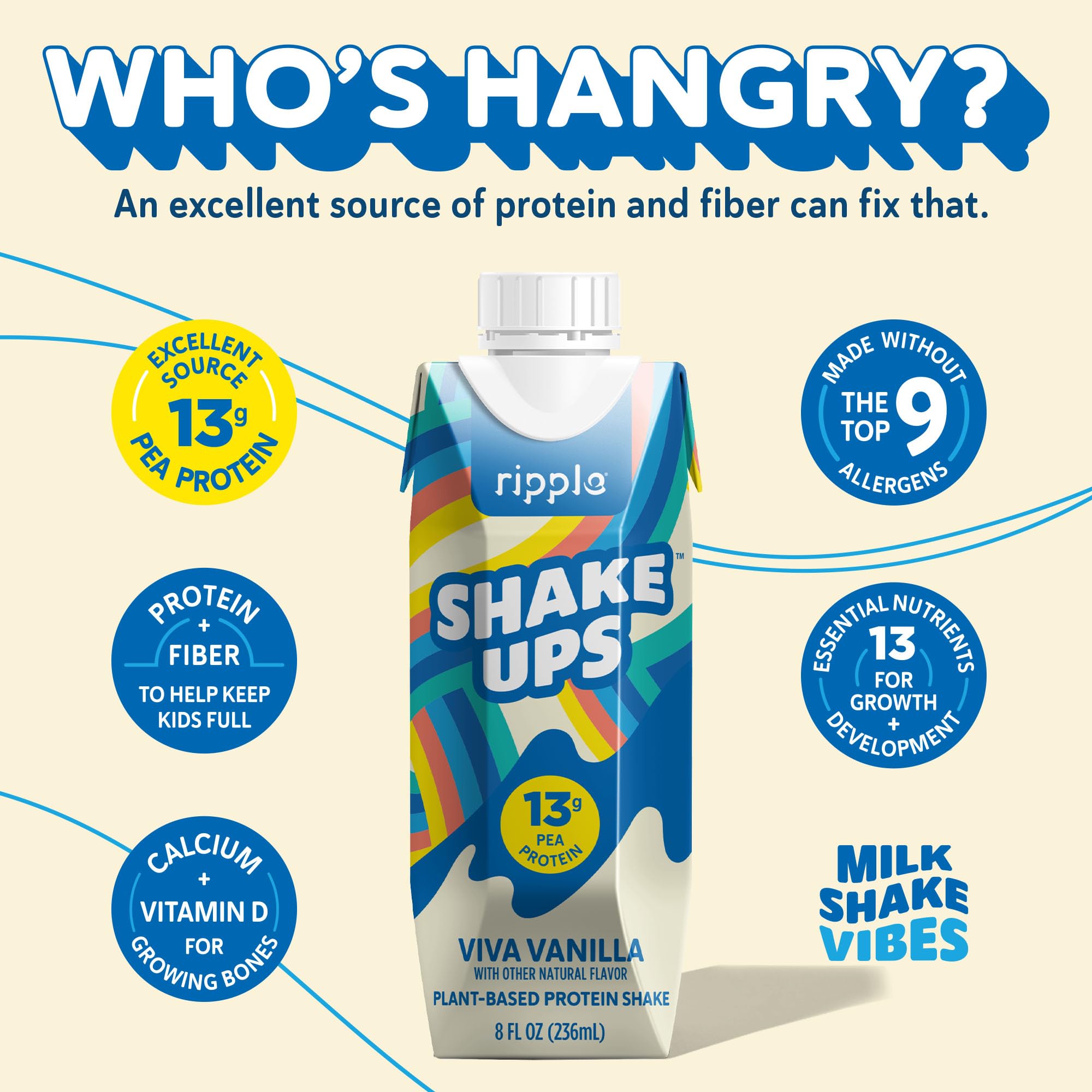 Ripple Kids Vanilla Plant Based Shake Ups | 13g of Quality Sourced Pea Protein, Calcium Rich | Shelf Stable | Vegan & Non GMO | Dairy, Soy, Nut, Gluten & Lactose Free | 8 Fl Oz Cartons (Pack of 12)