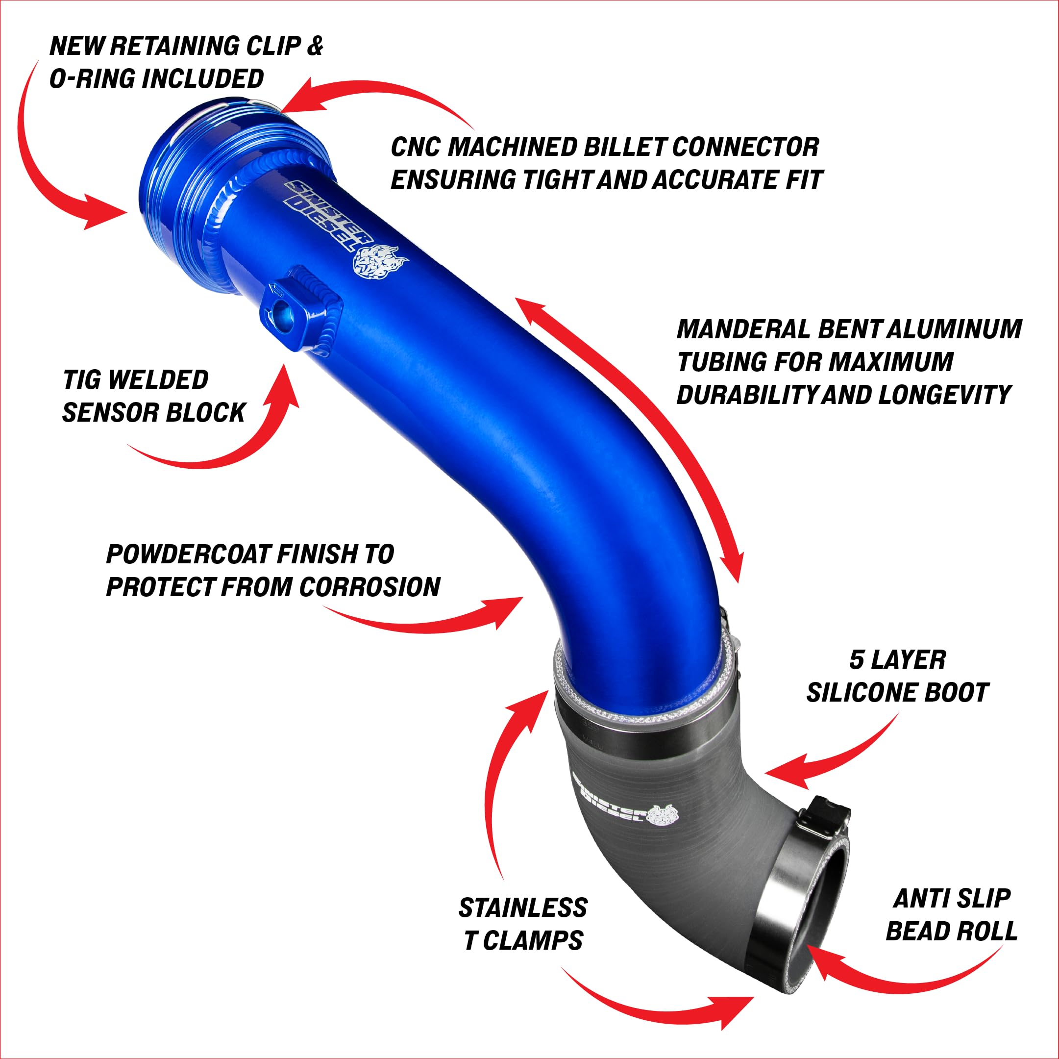 Sinister Diesel Cold Side Charge Pipe for 2017+ Ford Powerstroke 6.7L | Aluminum Intercooler Pipe Upgrade | Improved Airflow, Durability & Performance | 50 State Legal | SD-CSCP-6.7-17