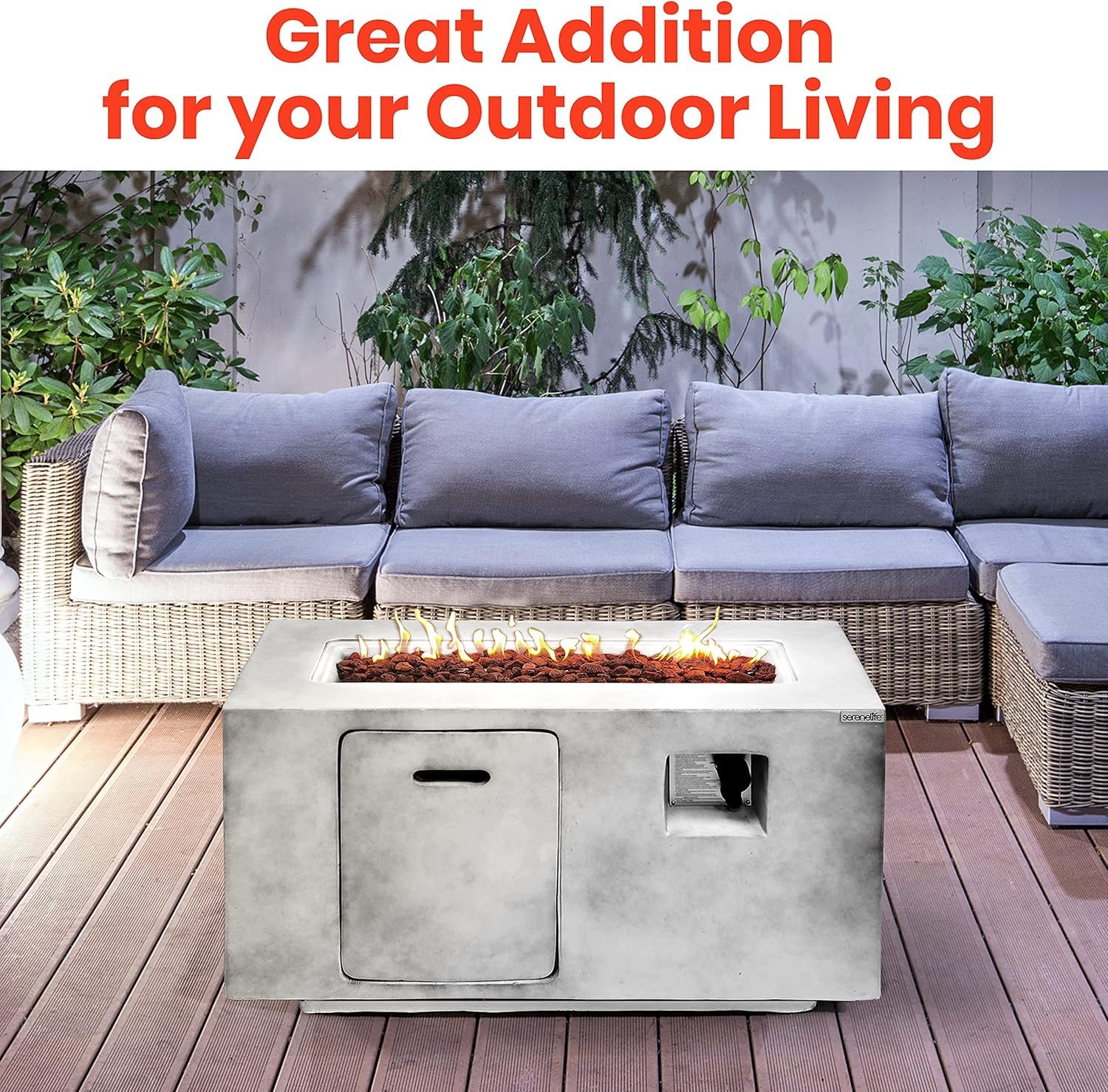 SereneLife Outdoor Propane Fire Pit Table - CSA/ETL Certified Safe 50,000BTU Pulse Ignition Weatherproof Square Propane Gas Fire Table - Adjustable Flame, Thermocouple - PVC Cover, Lava Rock
