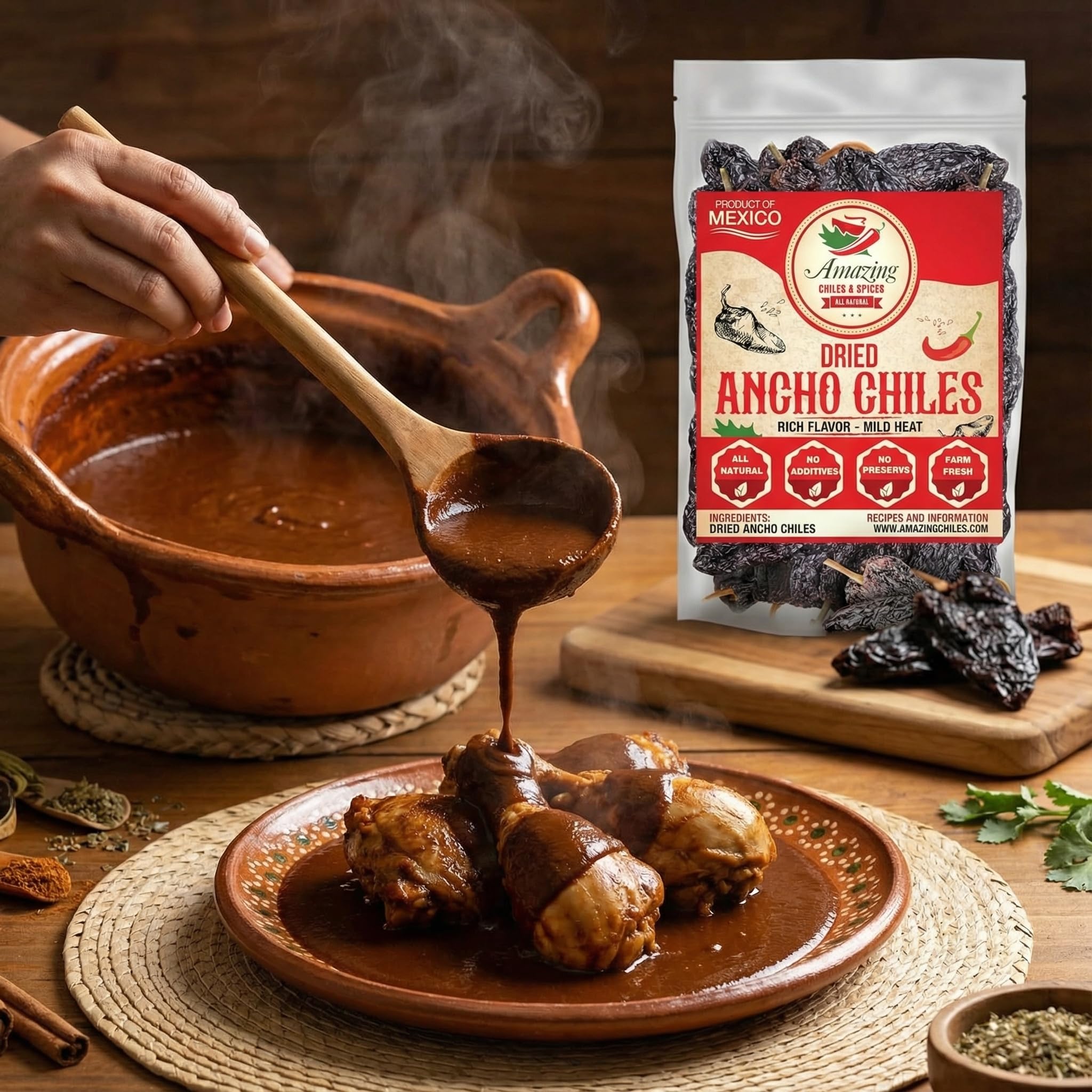 Dried Ancho Chiles Peppers 4 oz – Natural & Premium for Authentic Mexican Mole, Sauces, Stews, Salsas, and More! Sweet & Smoky Flavor with Mild to Medium Heat to Elevate Your Favorite Recipes.