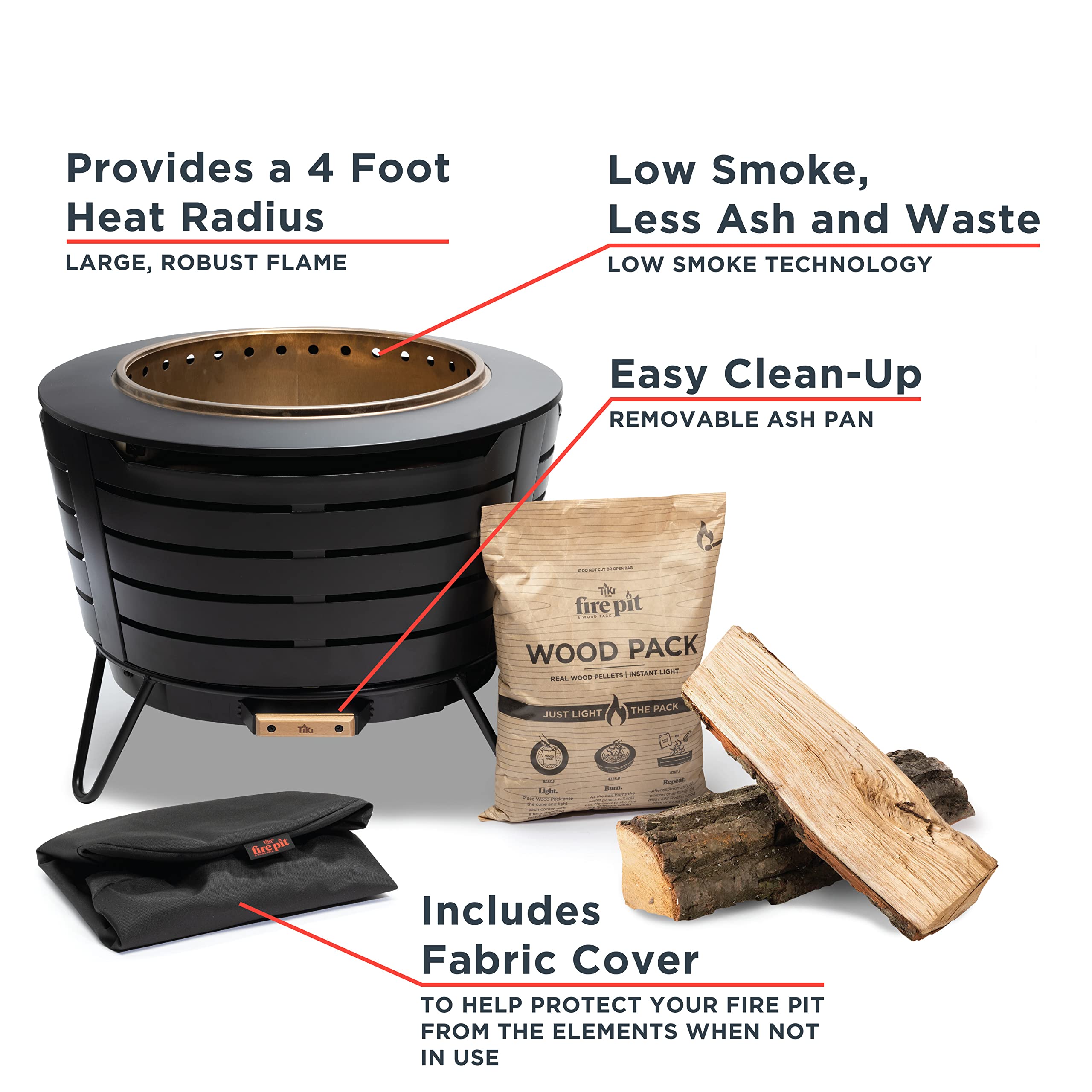 TIKI Patio Fire Pit Bundle – 25-Inch Smokeless Wood Burning Outdoor Fire Pit for Backyard, Patio, Deck & Garden with Removable Ash Pan, Stand & Weather-Resistant Cover – Modern Black Stainless Steel