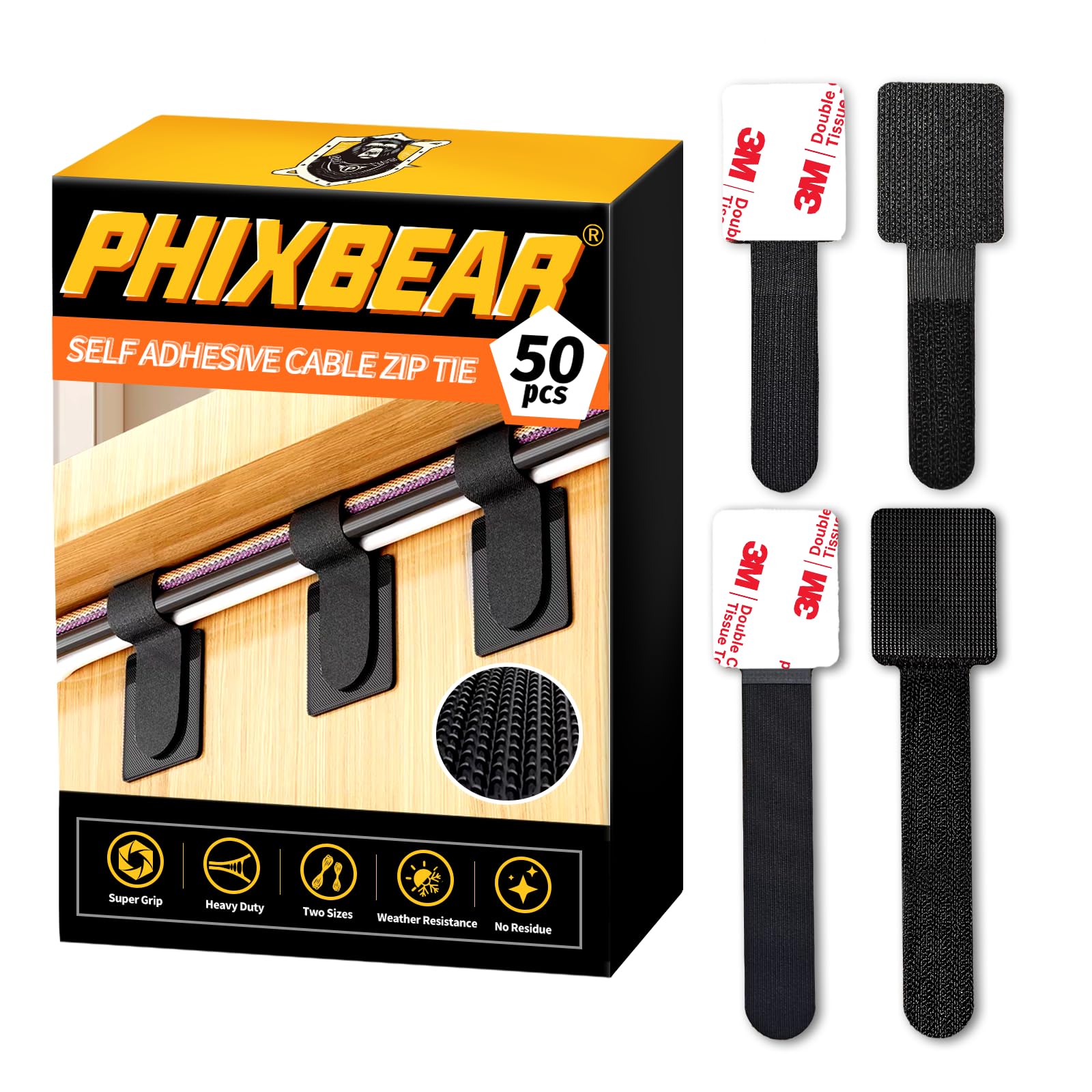 PHIXBEAR 50PCS Hook and Loop Cable Ties, Made of 3M, Sticky-Back Cord Organizer, Adjustable Nylon Wire Organizer, Zip Ties Assorted Sizes 5.9" & 3.54", for Home and Office