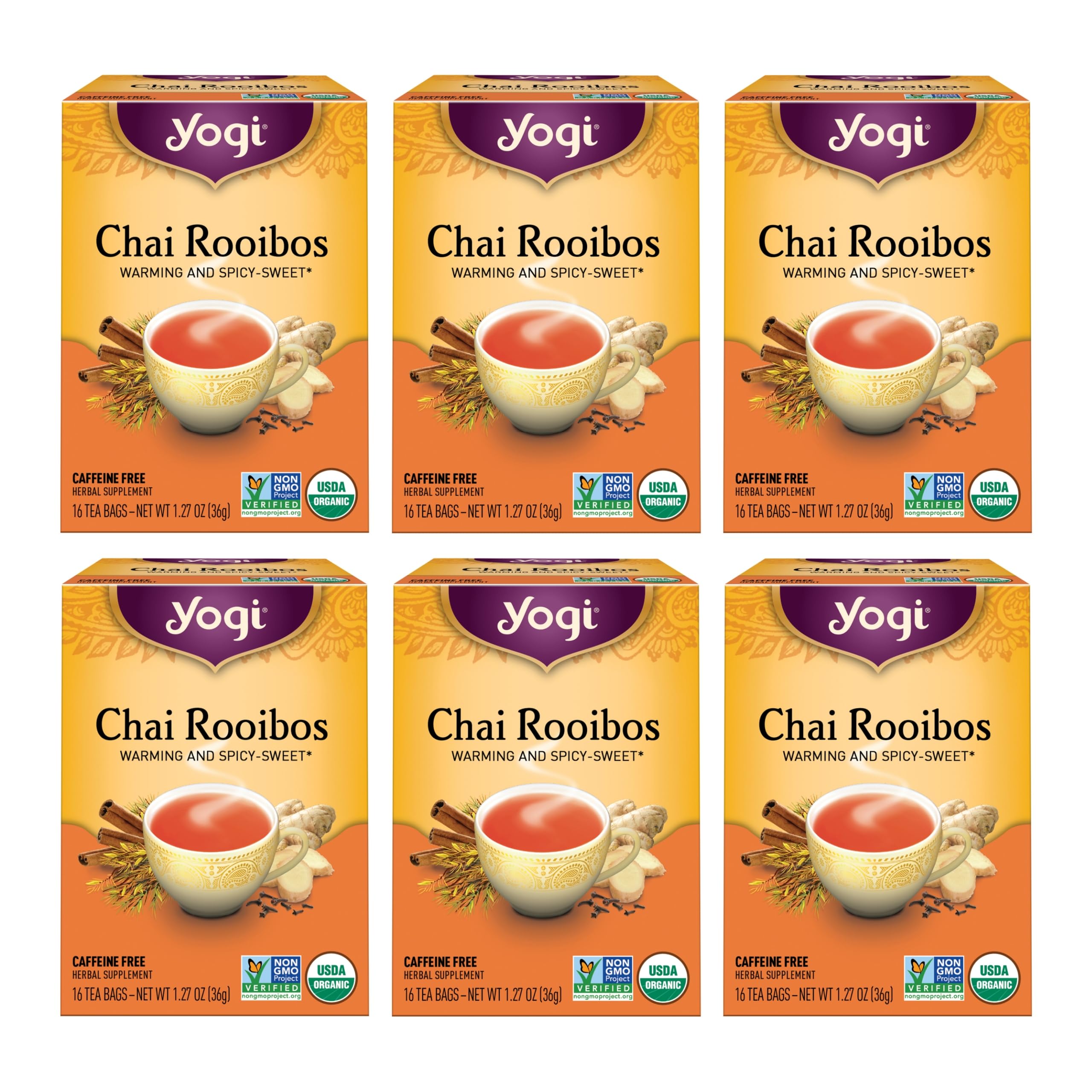 Yogi Tea Chai Rooibos Tea - 16 Tea Bags per Pack (6 Packs) - Spiced Organic Rooibos Tea - Provides Antioxidants - Caffeine-Free - Includes Cardamom, Cinnamon, Ginger & Clove