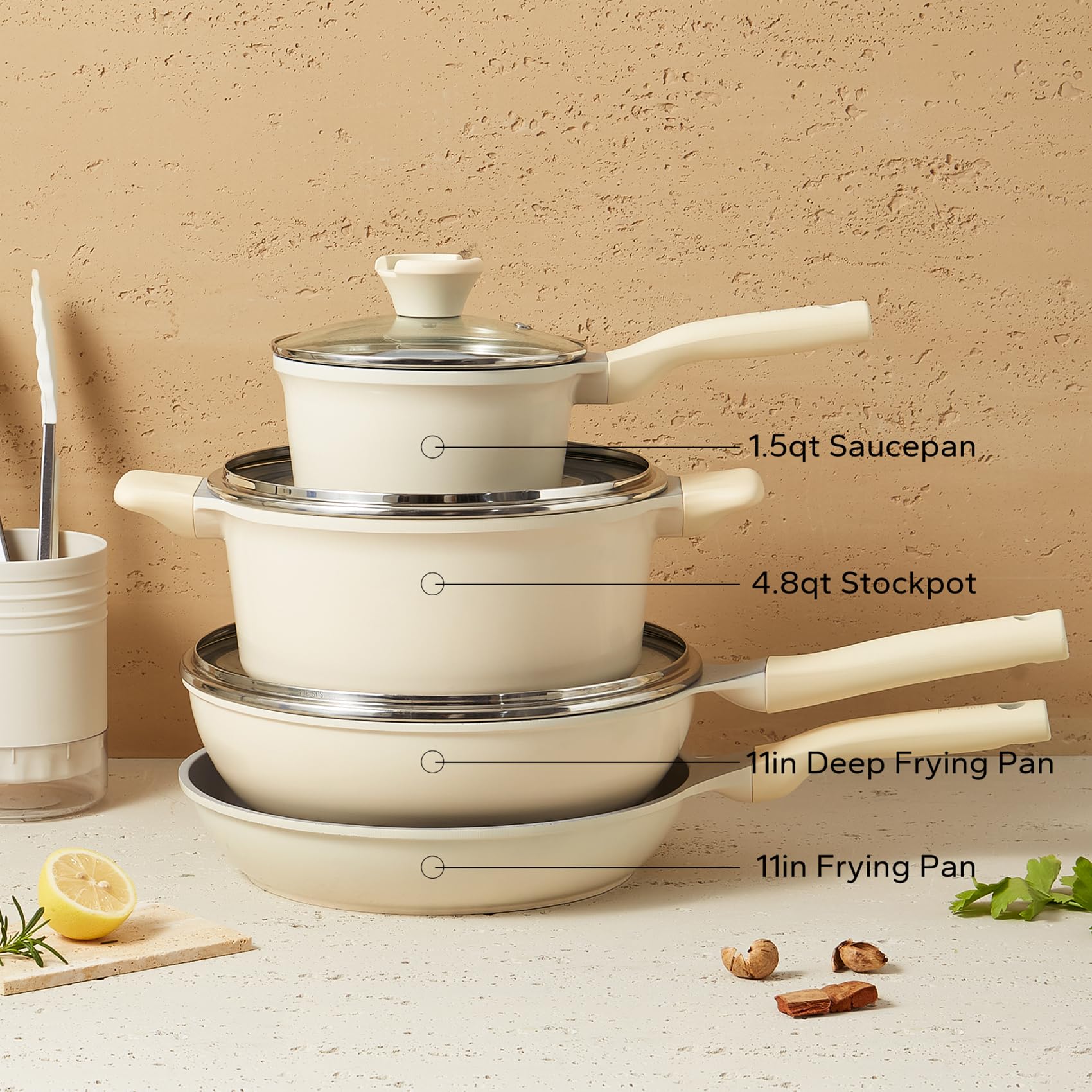 Redchef Ceramic Pots and Pans Set - 7 Piece Non Stick Cookware Set, Healthy and Non Toxic, PFAS PFOA & PTFE Free (Cream)
