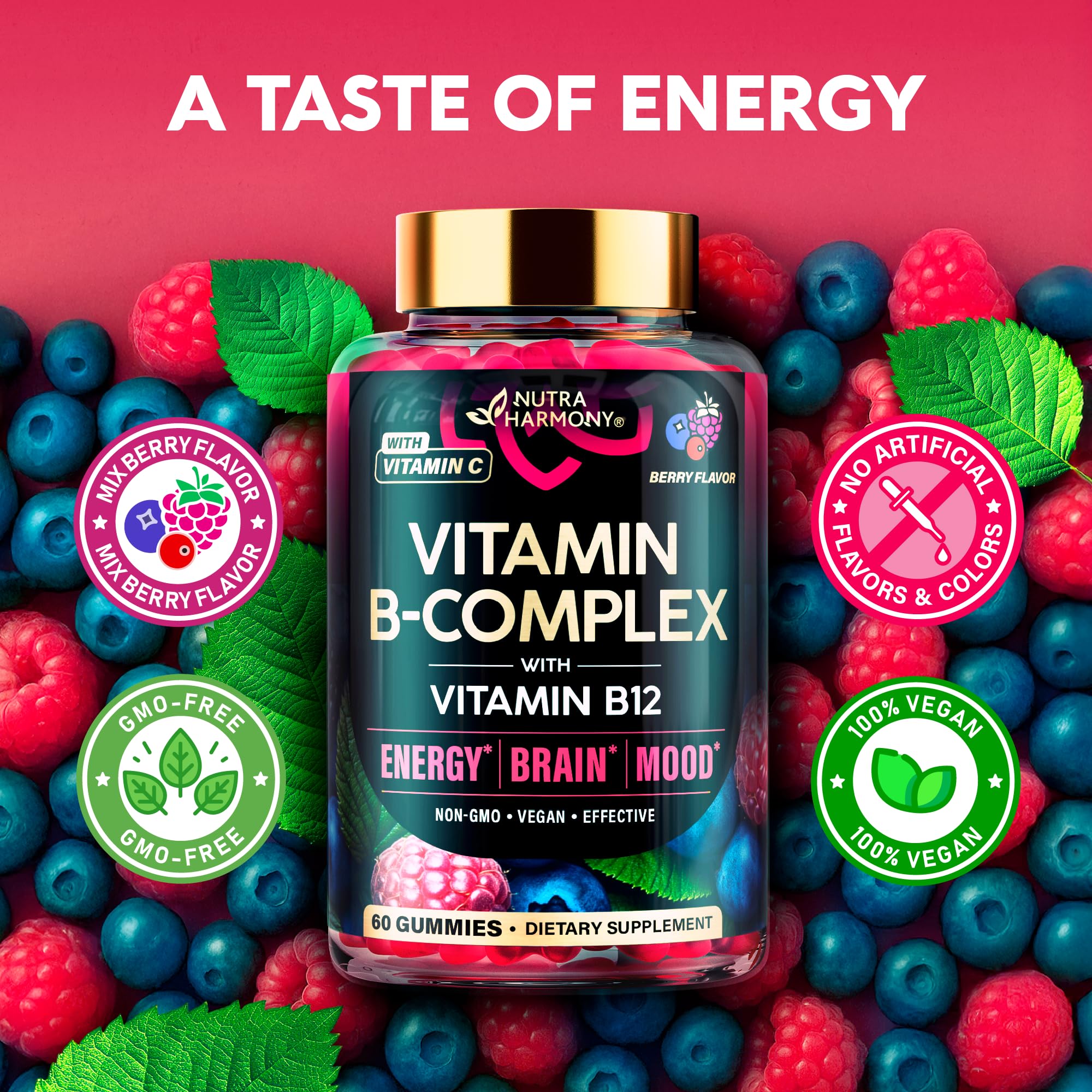 Vitamin B-Complex Gummies for Women & Men - Vitamin B12, B1, B2, B3, B5, B6, B7 & B9 - B Complex with Vitamin C & Choline - Energy, Brain & Mood - Natural Berry Flavor, Vegan - 60 Gummies for 2 Months