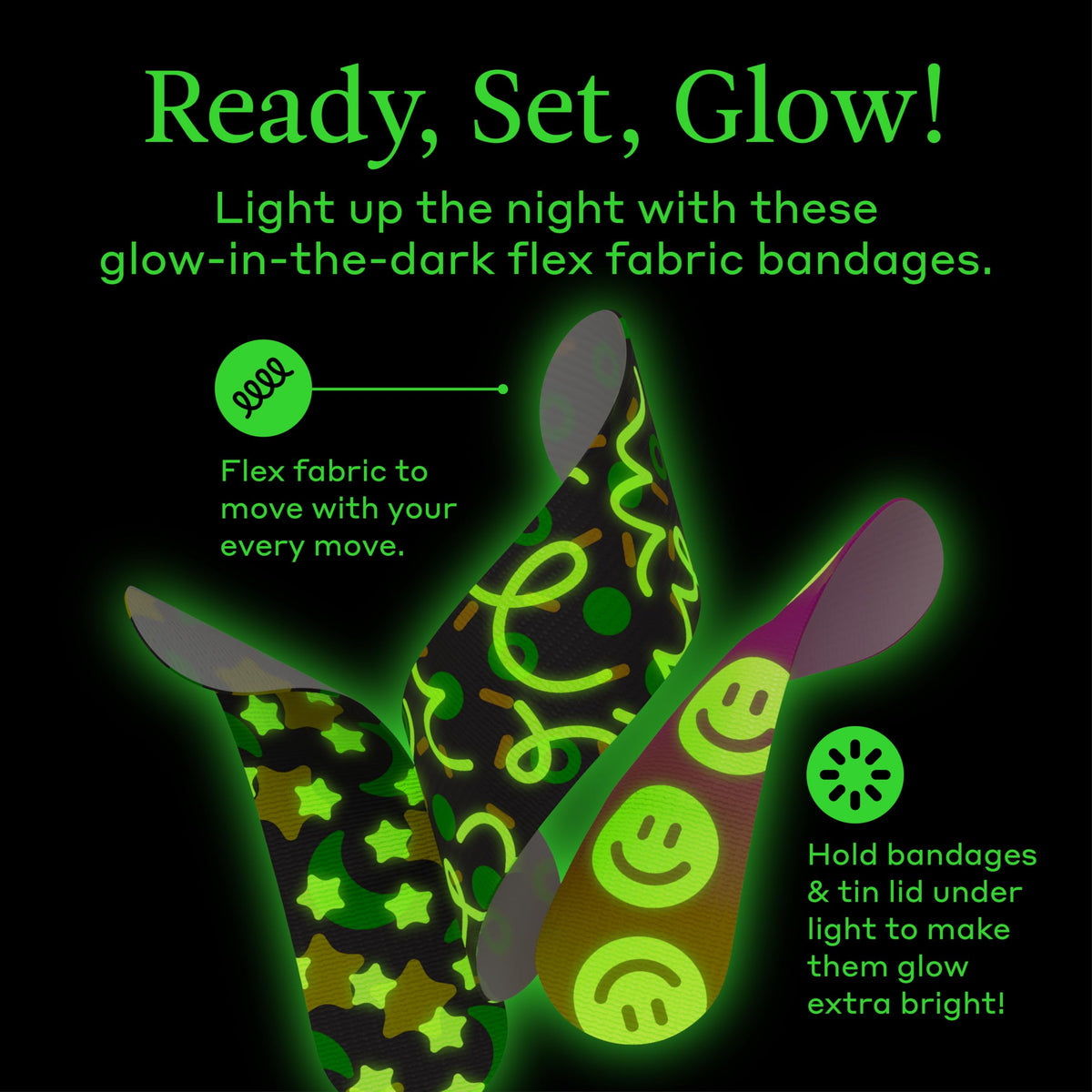 Welly Bandage Glow-in-The-Dark Refill Pack | Adhesive Flexible Fabric Bandages | Assorted Shapes and Patterns for Minor Cuts, Scrapes, and Wounds - 120 Count