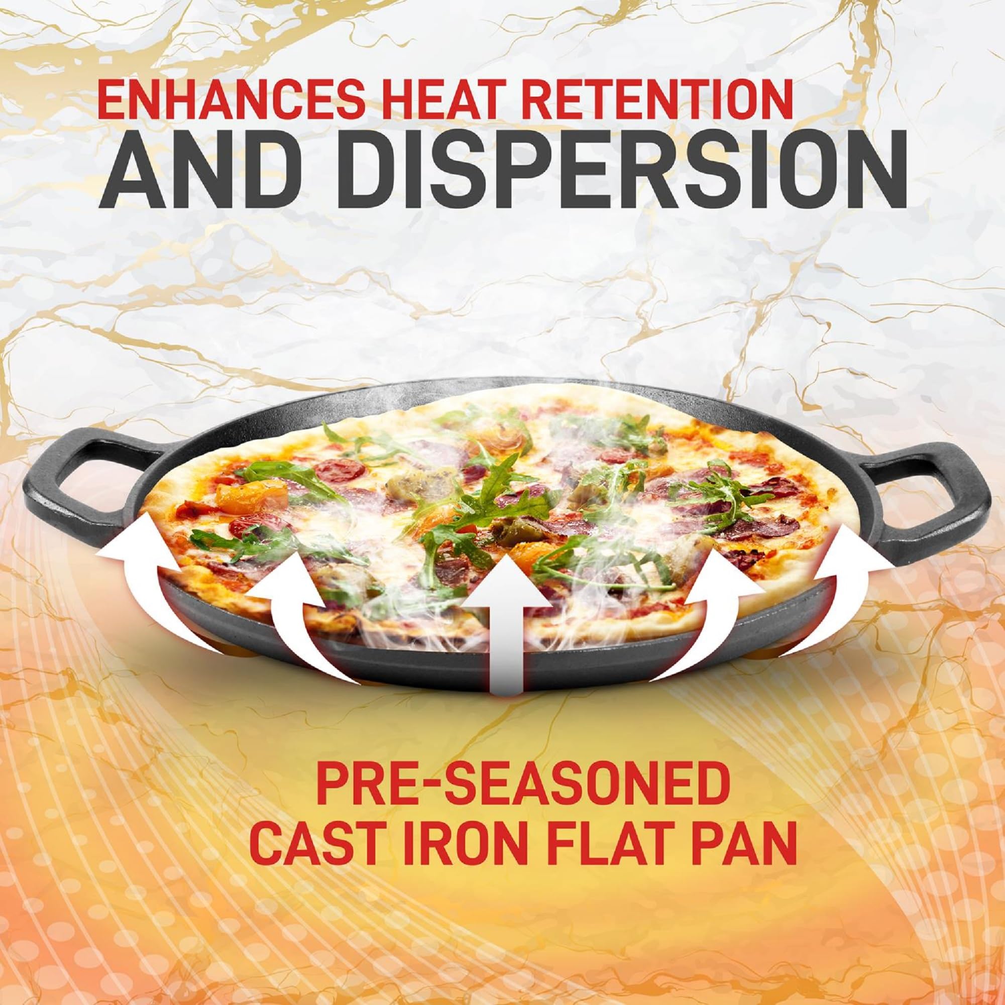 NutriChef 13-Inch Flat Cast Iron Pizza Pan - Versatile Pre-Seasoned Round Cooking Griddle w/ Built-In Handles for Oven, Grill, Stove, and Campfires