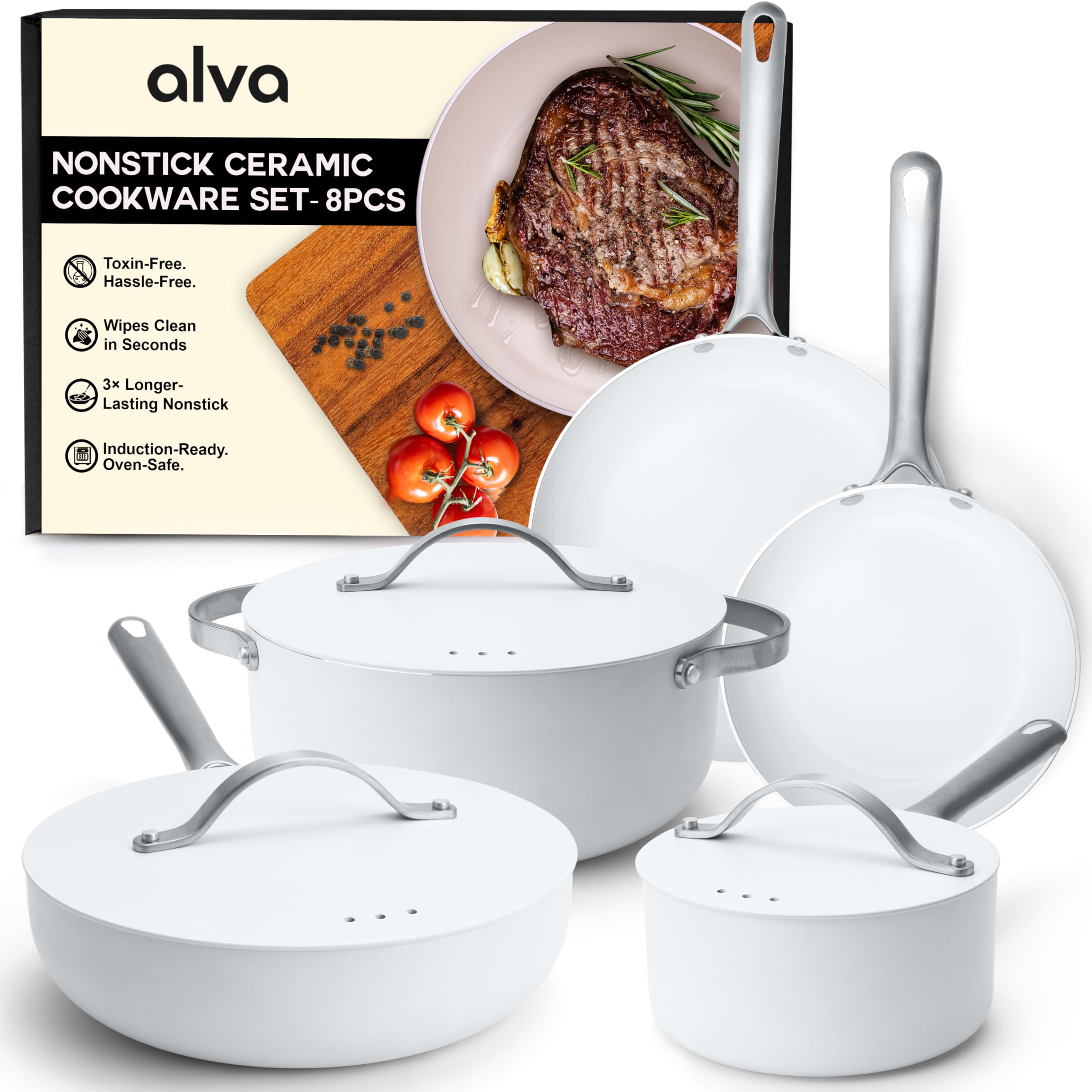 Alva Mobi 8‑Piece Ceramic Nonstick Cookware Set – Made without PFAS/PFOA/PTFE, Induction & Oven Safe, Easy‑Clean Pots & Pans with Lids, Recycled Aluminum + Stainless Handles
