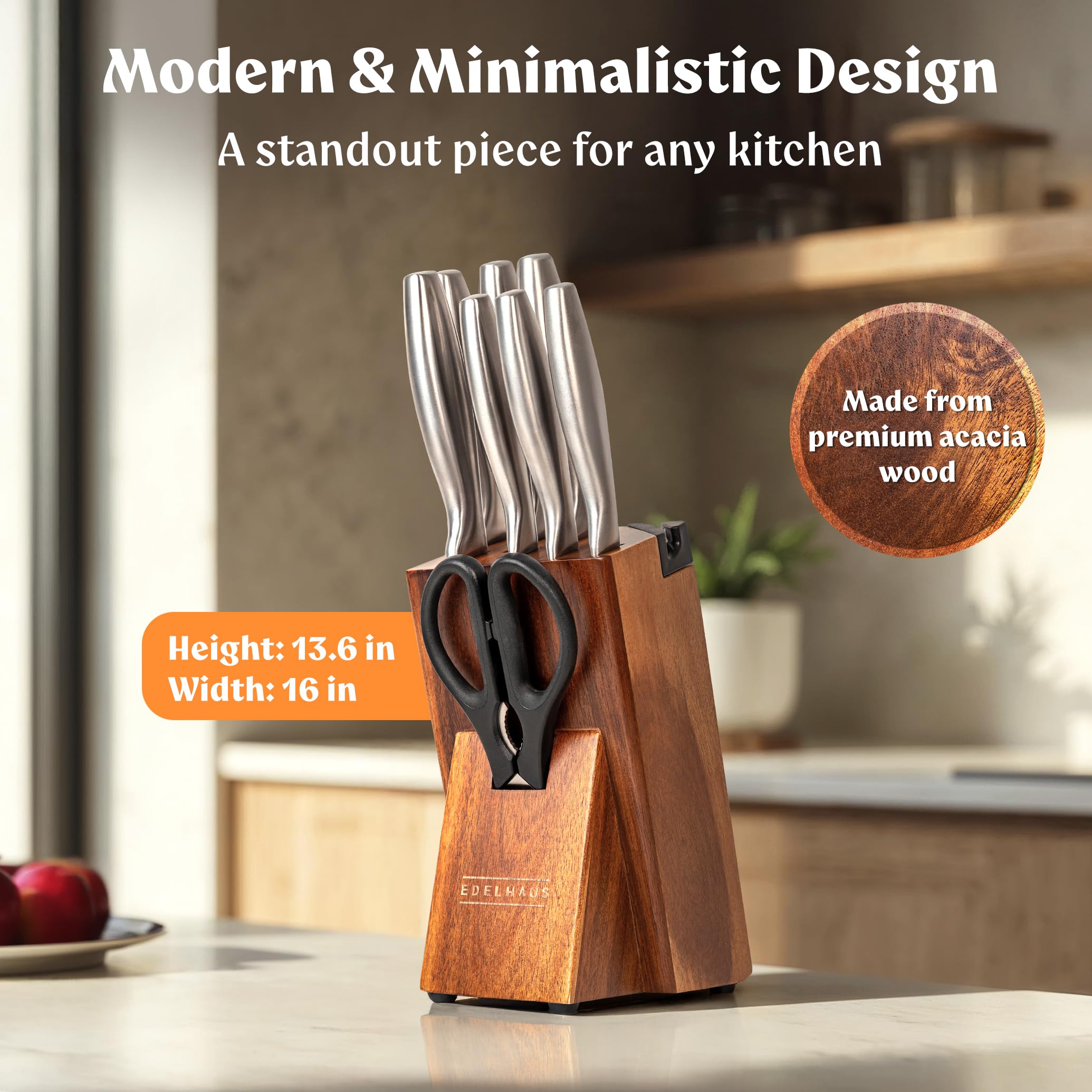 EDELHAUS Knife Set with Block – 9 pcs Stainless Steel Kitchen Knife Block Set - Professional Knife Block with Sharpener and Scissors - Kitchen Knife Set with Acacia Wood Block & Steel Handles