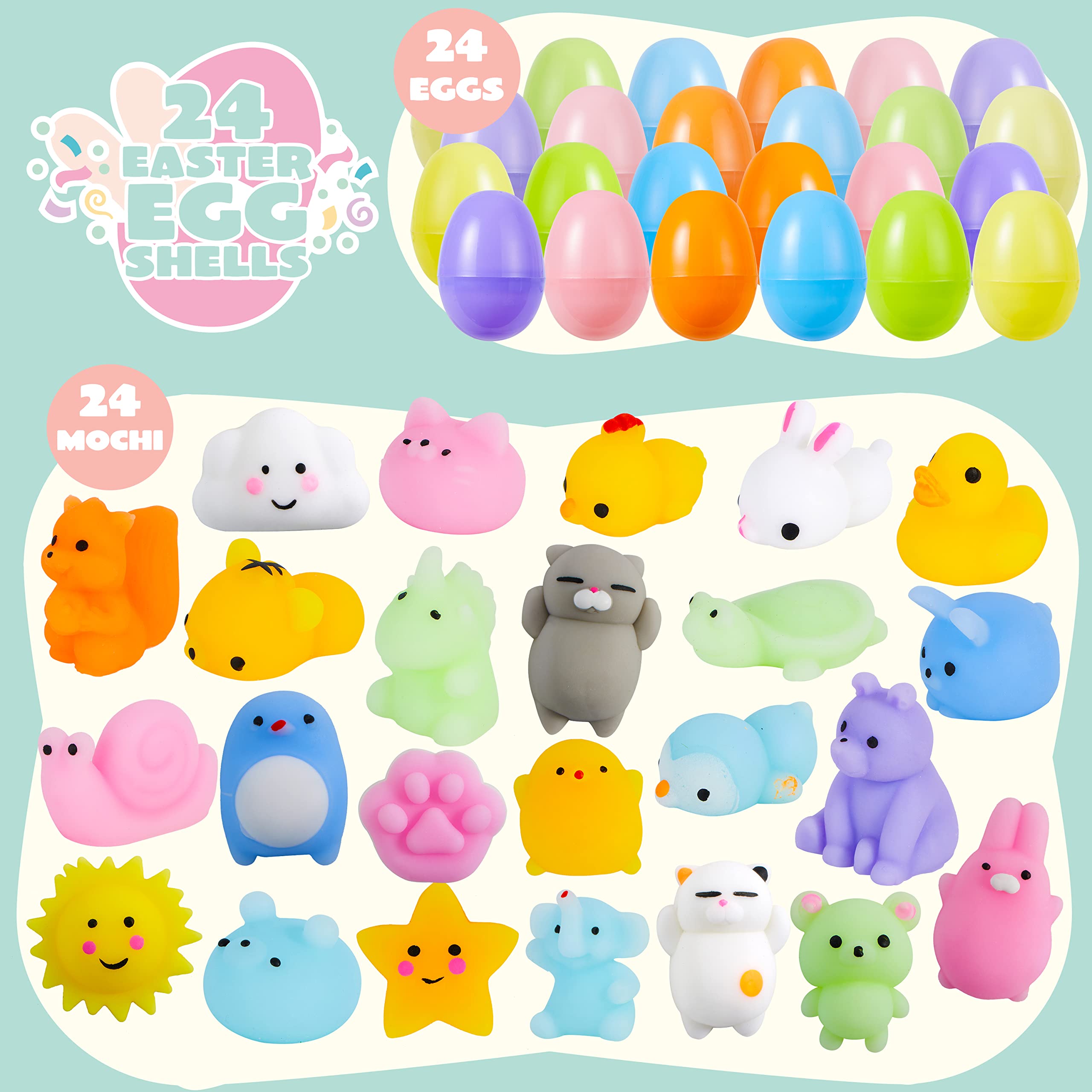JOYIN 24 Pcs Easter Prefilled Eggs with Mochi Squishy Toys, Animal Stress Reliever Squishy Toy for Easter Theme Egg Hunt, Kids Party Favor, Basket Stuffers Filler, Classroom Prize Supplies