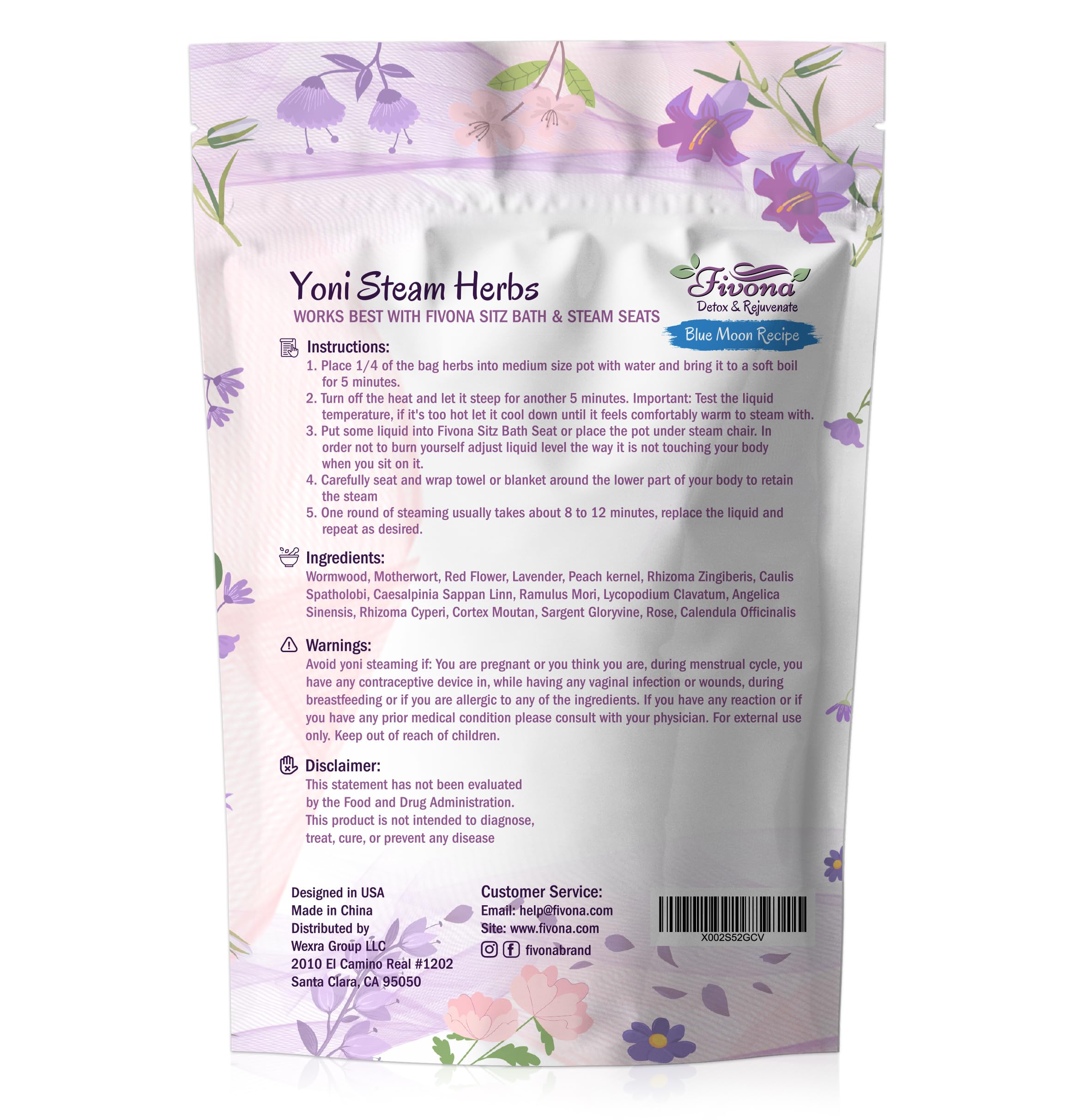 Fivona 2-in-1 Yoni Steaming Kit Over The Toilet Seat with V Steam Herbs Blue Moon Recipe for Detox, Cleansing, PH Balance and Odor Control