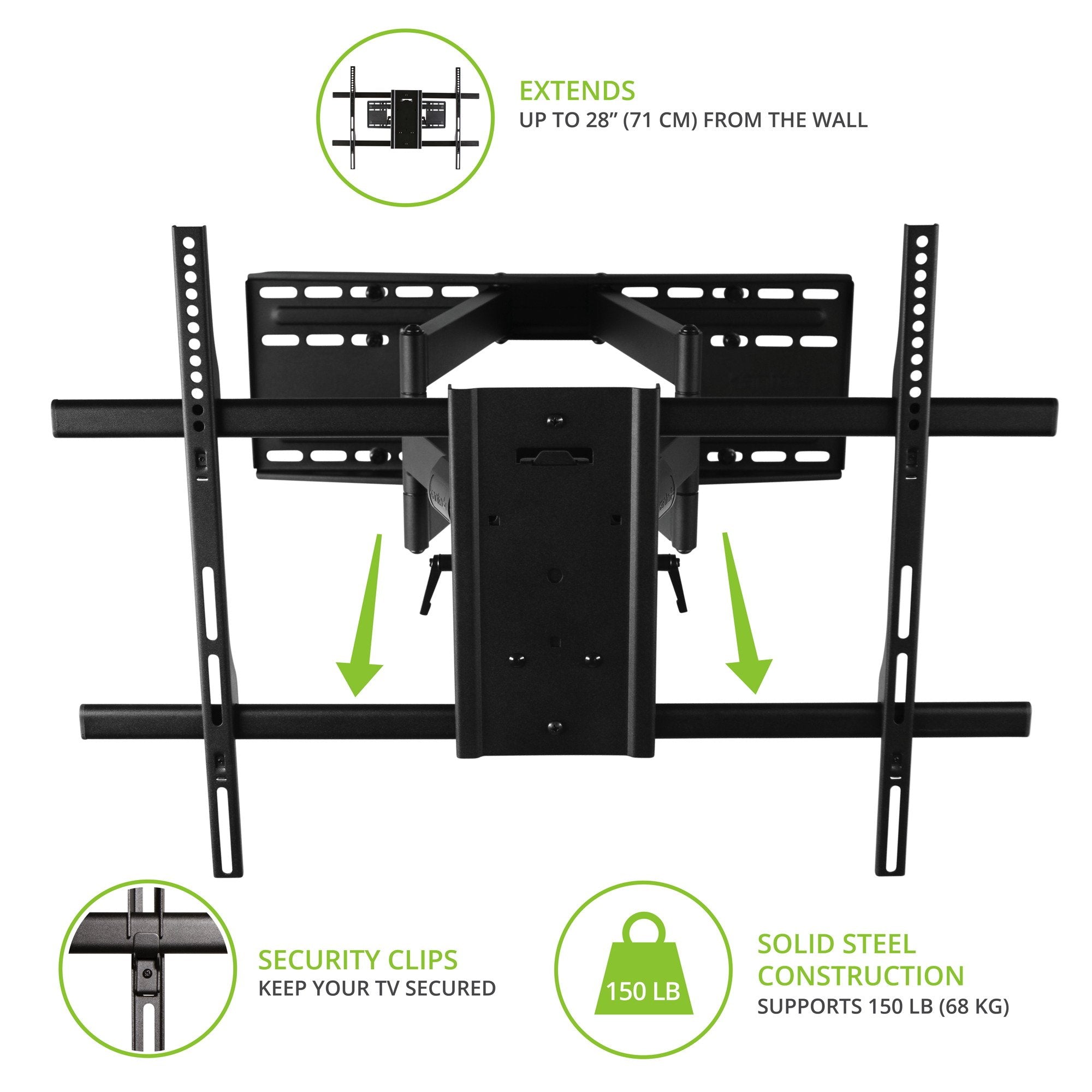 Kanto FMX3 Full Motion Articulating TV Mount for 50 to 100 inch TVs | Supports up to 150 lb (68 kg) | Up to 28" Extension | +15° to -5° Tilt | 88° Swivel | Black.