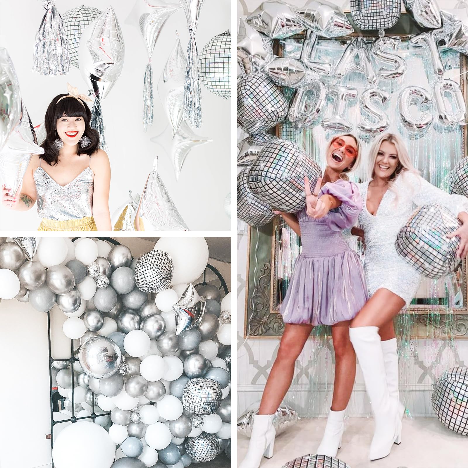PartyWoo Silver Disco Ball Foil Balloons 20pcs Different Sizes Pack of 22 15 10 Inch Large Round Foil Orbz 4D Inflatable Mirror Ball Mylar Balloons for Graduation Men Birthday Space Party Decorations