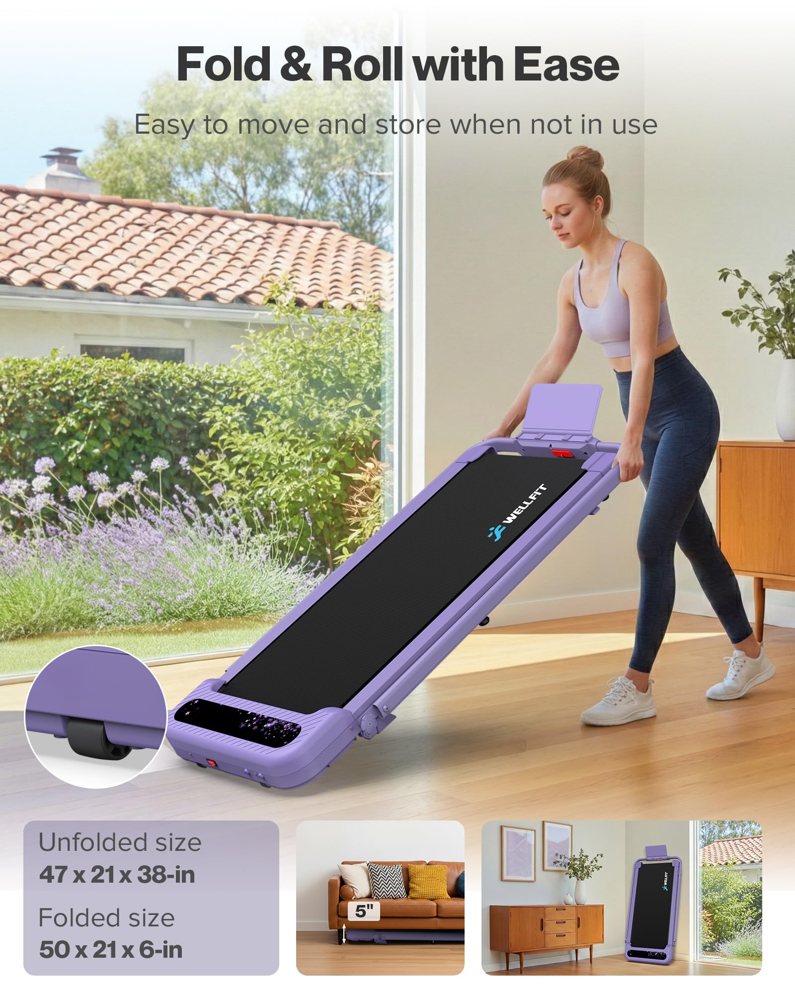 WELLFIT Folding Treadmill with Handlebar, 350 LBS Incline Walking Pad, Quiet Under Desk Treadmill for Home Office, APP & Voice Control, No Assembly Compact Foldable Treadmills, Purple Gift for Women