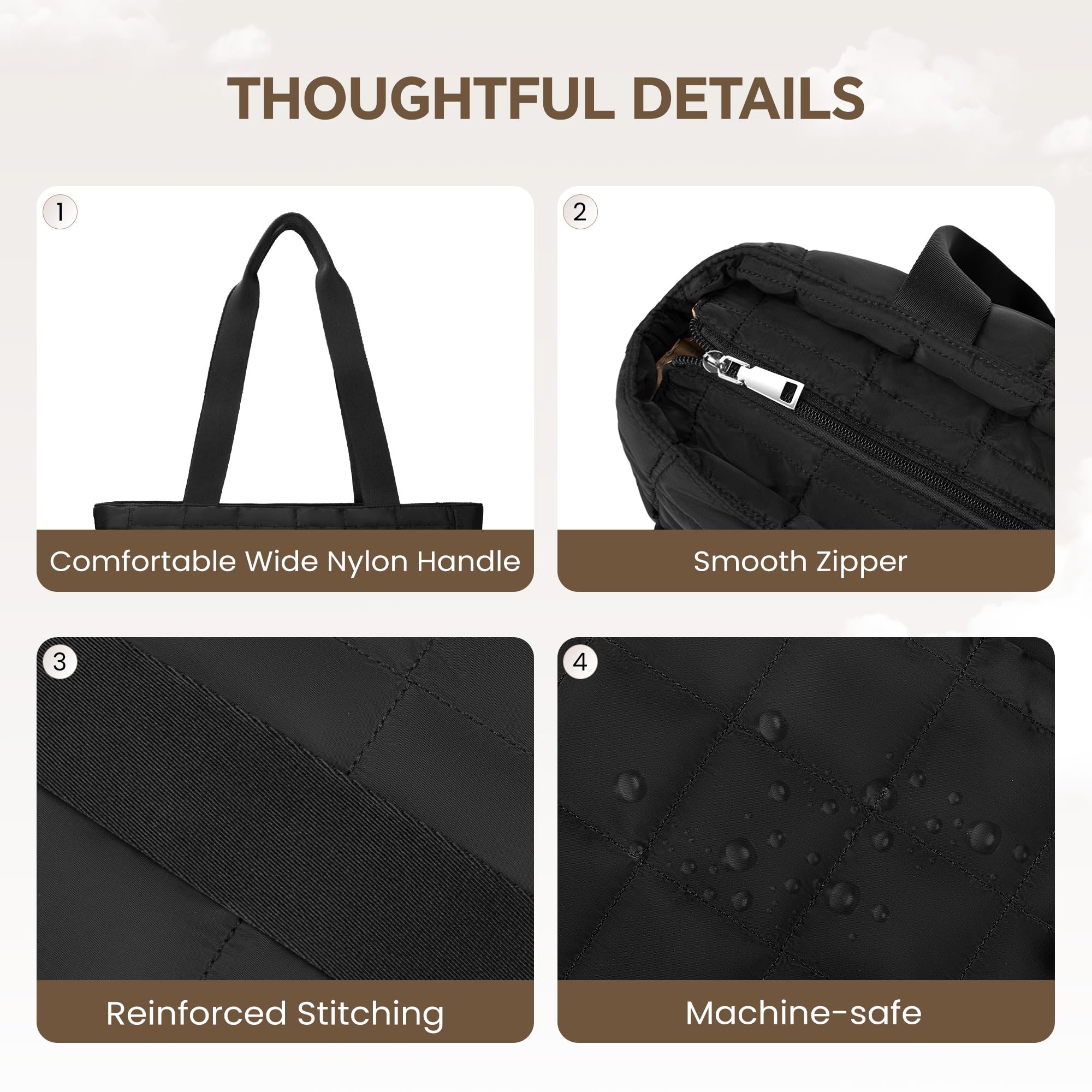 befen Tote Bag for Women, Lightweight Puffy Tote Bag with Compartments, Large 15.6 Inch Laptop Shoulder Bag with Zipper, Quilted Shoulder Bag Handbag for Clinical Travel, Work, Gym, Black