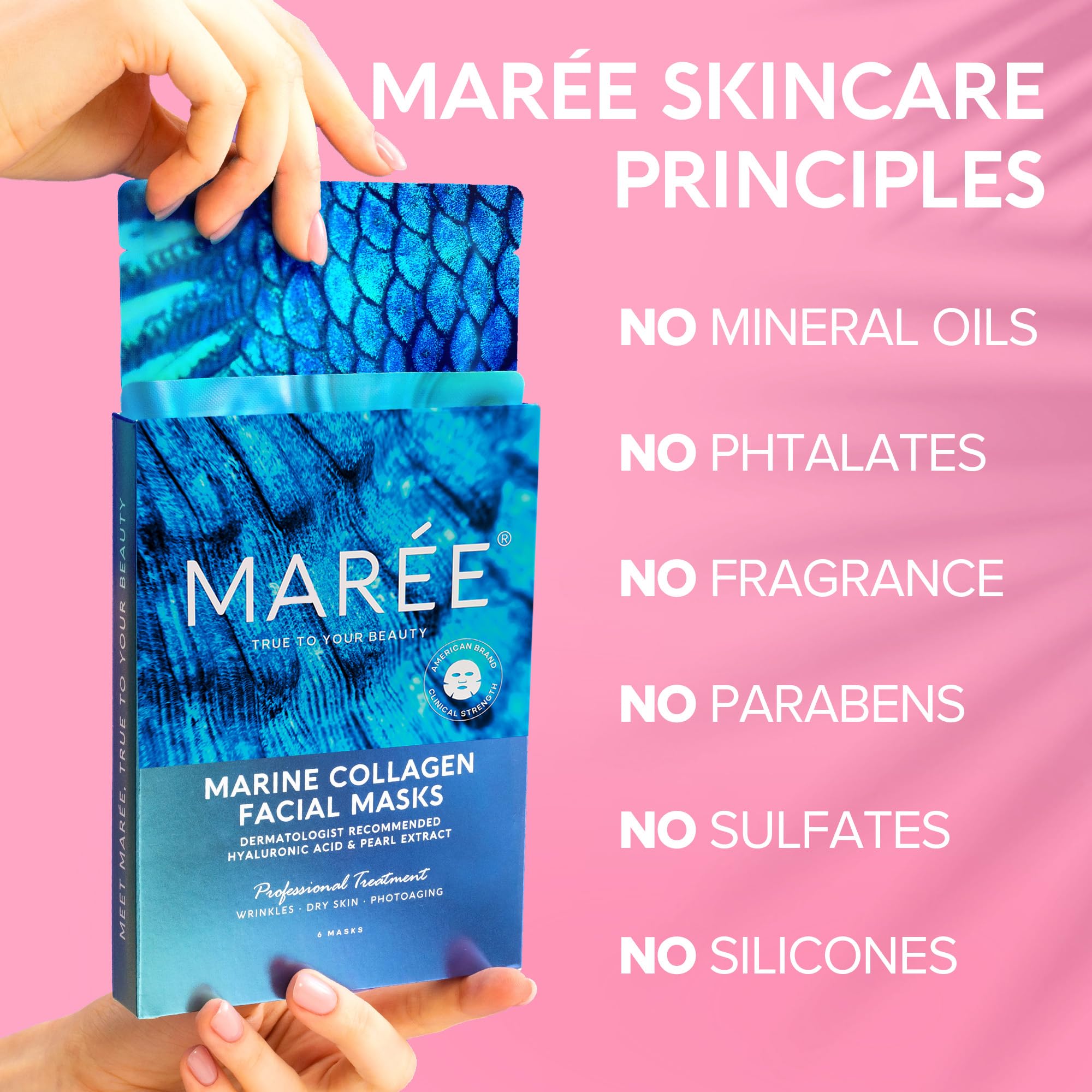 MAREE Collagen Face Mask with Hyaluronic Acid - Sheet Face Masks Skincare with Green & Red Algae Extract for All Skin Types - Hydrating Facial Mask Skin For Women Care Mascarillas Faciales - 6 Pack