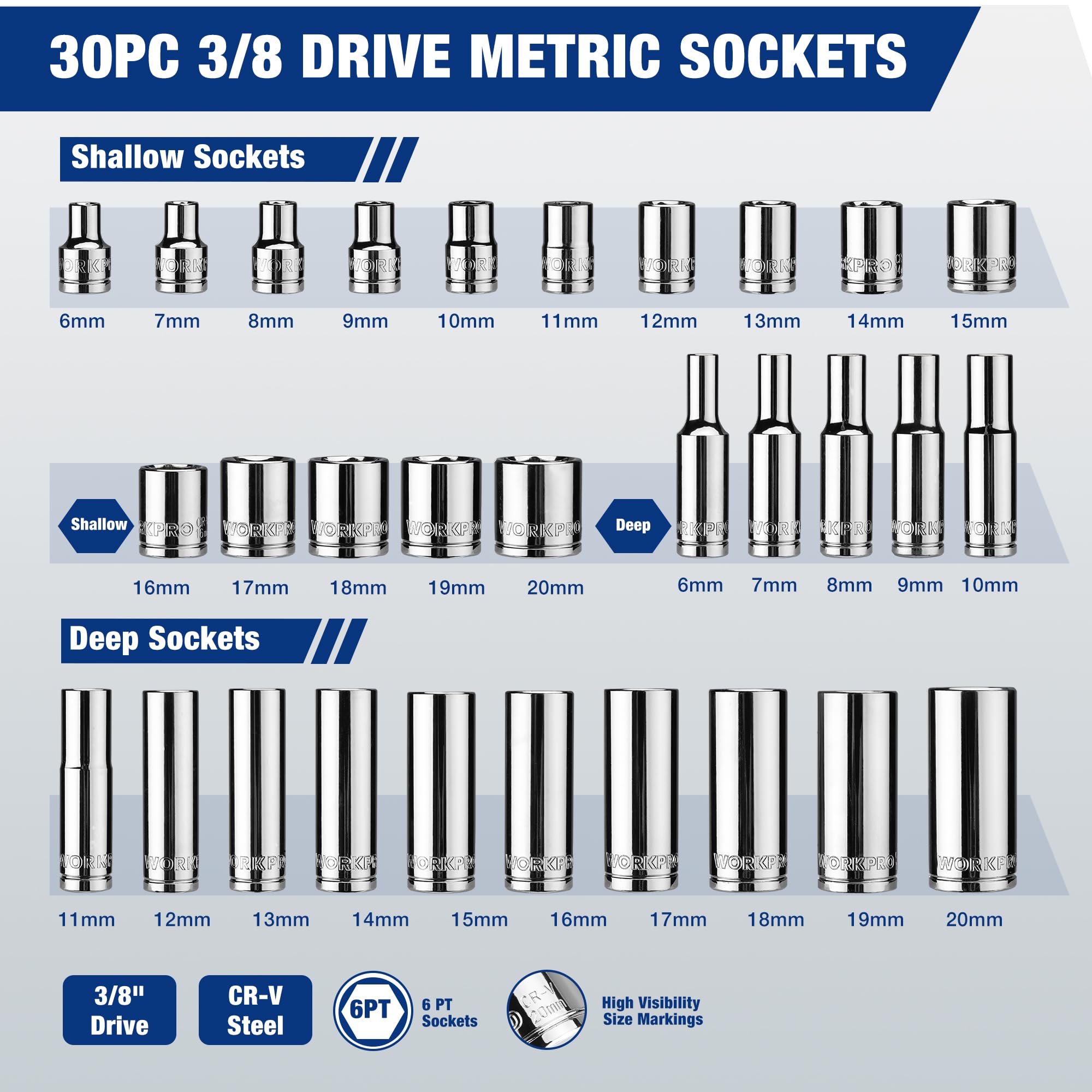 WORKPRO 32-Piece 3/8-inch Drive Metric Sockets and Ratchet-Including 30 Metric Deep and Shallow Sockets, 6-20mm with Magnetic Organizer and 72-Tooth Quick Release Reversible Ratchet for Auto Repair